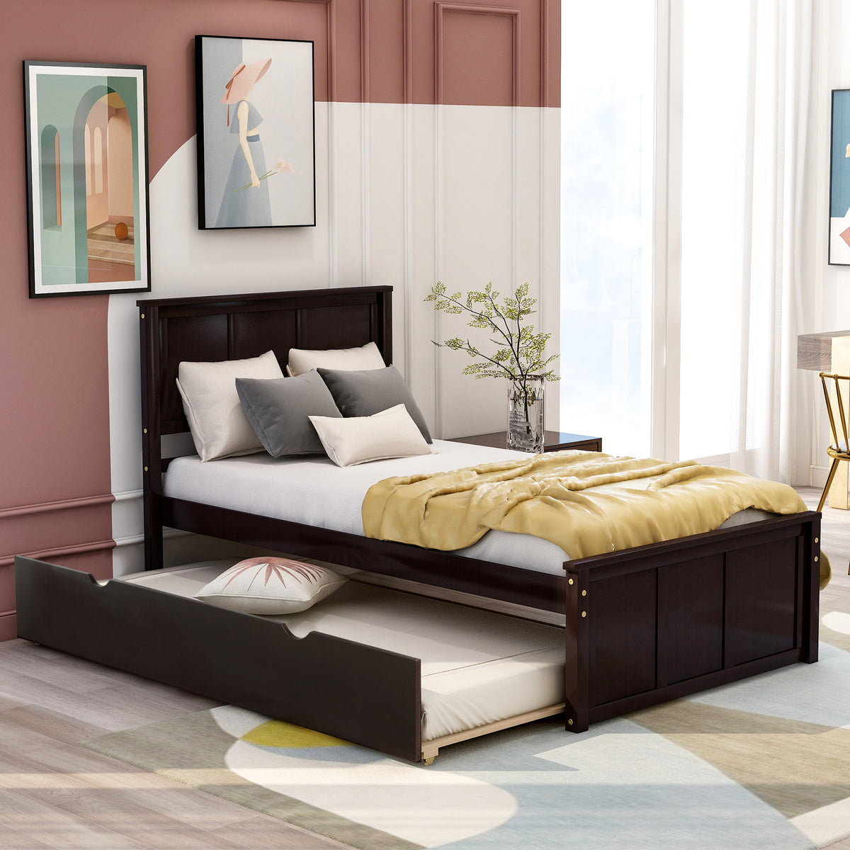 HAOYYE Platform Bed with Twin Size Trundle, Twin Size Frame, Espresso Sturdy Space-Saving Heavy Duty Modern Design Easy Assembly Durable Stylish Home Furniture Versatile