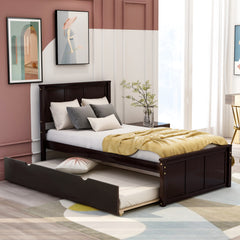 HAOYYE Platform Bed with Twin Size Trundle, Twin Size Frame, Espresso Sturdy Space-Saving Heavy Duty Modern Design Easy Assembly Durable Stylish Home Furniture Versatile