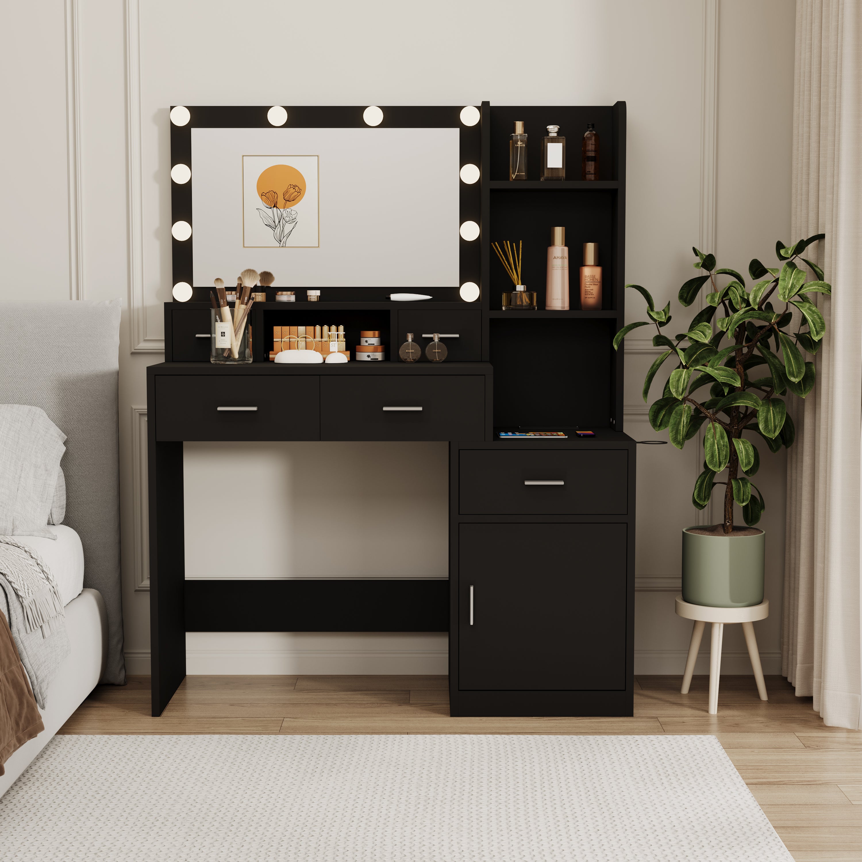 HAOYYE Smart Mirror Dressing Table with Drawers and Storage Cabinet, Modern Vanity Table with Soft Dressing Pad for Bedroom, Sturdy Space-Saving Heavy Duty Construction, Ideal for Adults