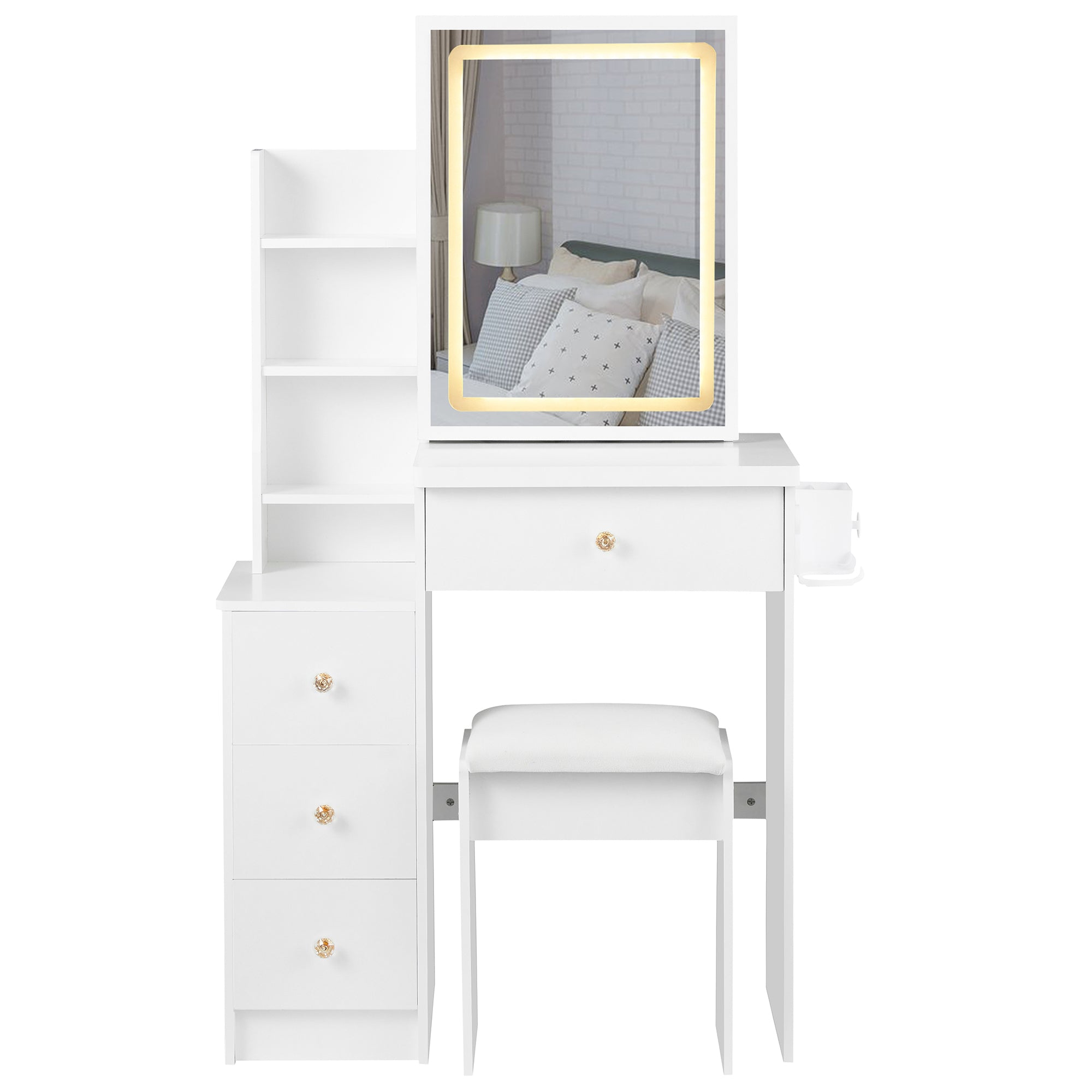 HAOYYE Small Size Left Bedside Cabinet Vanity Table + Cushioned Stool, 2 AC+2 USB Power Station, Hair dryer bracket, Extra Large Touch Control Sliding LED Mirror, Tri-color Switching, EPA,GCC,UL Certificate
