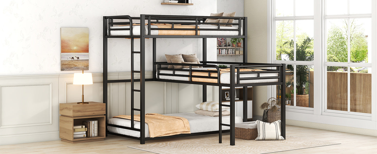 HAOYYE L-shaped Metal Triple Twin Size Bunk Bed, Black(OLD SKU:SM000605AAB) Sturdy Space-Saving Heavy Duty Modern Design Easy Assembly Durable Stylish Home Furniture Versatile