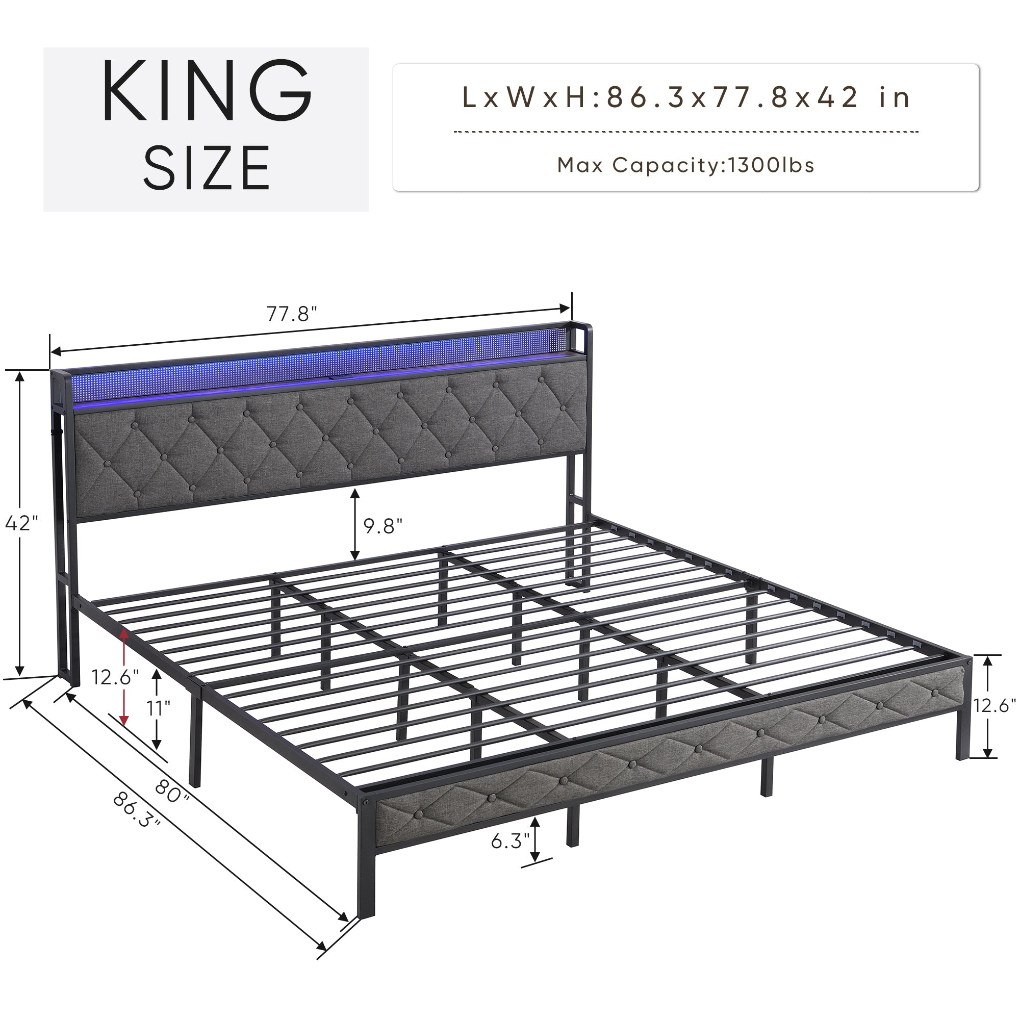 HAOYYE King Bed Frame with Storage Headboard, Charging Station and LED Lights, Upholstered Platform Bed with Heavy Metal Slats, No Box Spring Needed, Noise Free, Easy Assembly, Dark Gray Sturdy Space-Saving