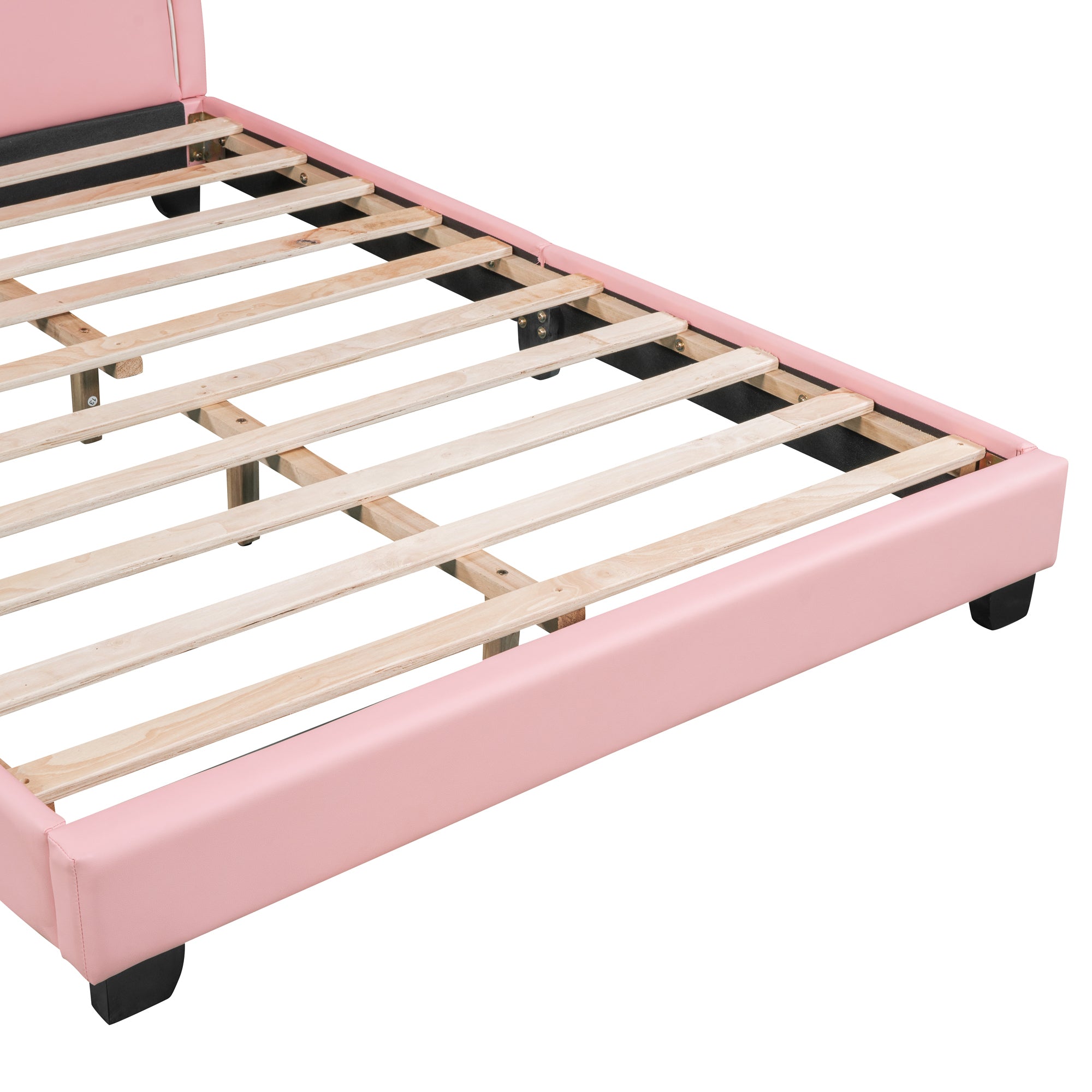 HAOYYE Full Size Upholstered Leather Platform Bed with Rabbit Ornament, Pink Sturdy Space-Saving Heavy Duty Modern Design Adults Dorm Room Easy Assembly Bedroom Furniture