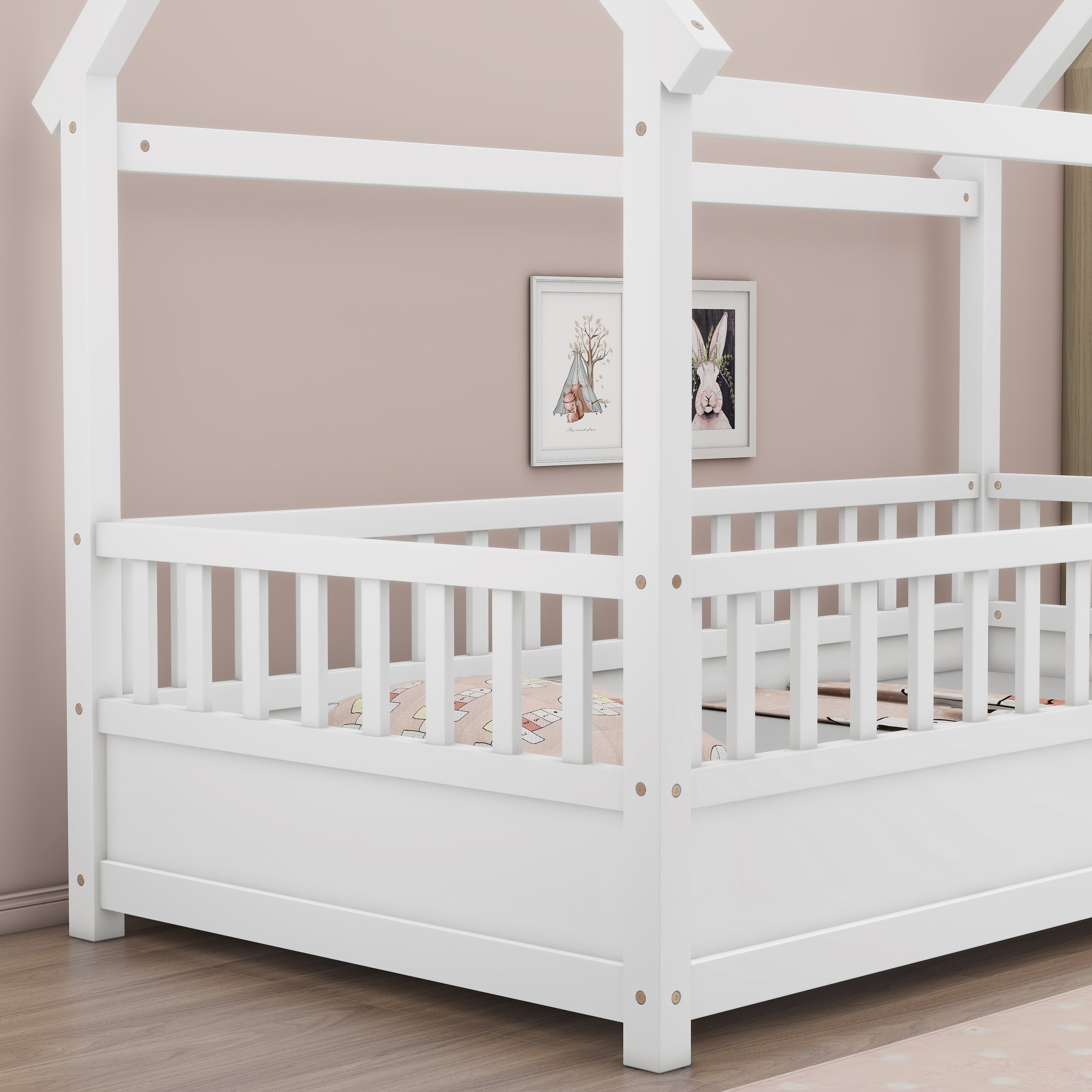 HAOYYE Twin Size Floor Wooden Bed with House Roof Frame, Fence Guardrails,White Sturdy Space-Saving Heavy Duty Modern Design Adults Dorm Room Easy Assembly Bedroom Furniture