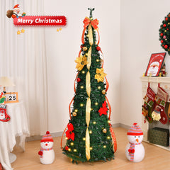 HAOYYE Green Pre-Lit Pop Up Christmas Tree Fully Decorated Artificial Holiday Tree with 80 Warm LED Lights Battery Operated and Red Gold Ornaments for Home Office Store Seasonal Decoration