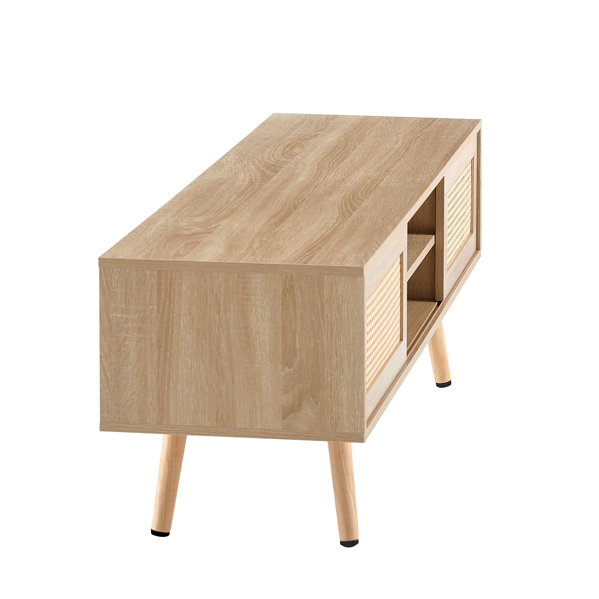 HAOYYE 55.12" Rattan TV cabinet, double sliding doors for storage, adjustable shelf, solid wood legs, TV console for living room ,natural Sturdy Space-Saving Heavy Duty Modern Design Adults Dorm Room