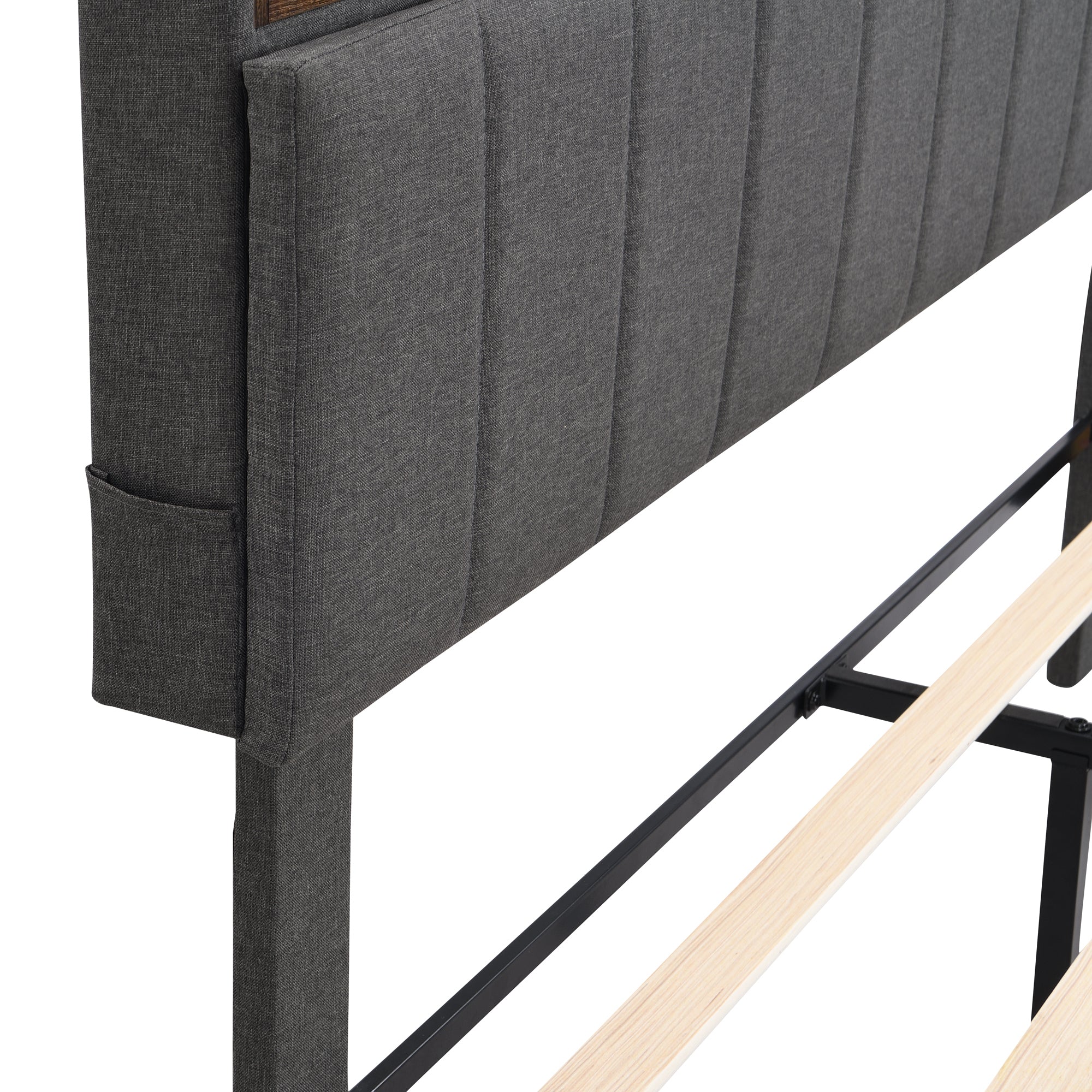 HAOYYE Queen Size Upholstered Platform Bed with Storage Headboard and USB Port, Linen Fabric Upholstered Bed (Gray) Sturdy Space-Saving Heavy Duty Modern Design Adults Dorm Room Easy Assembly