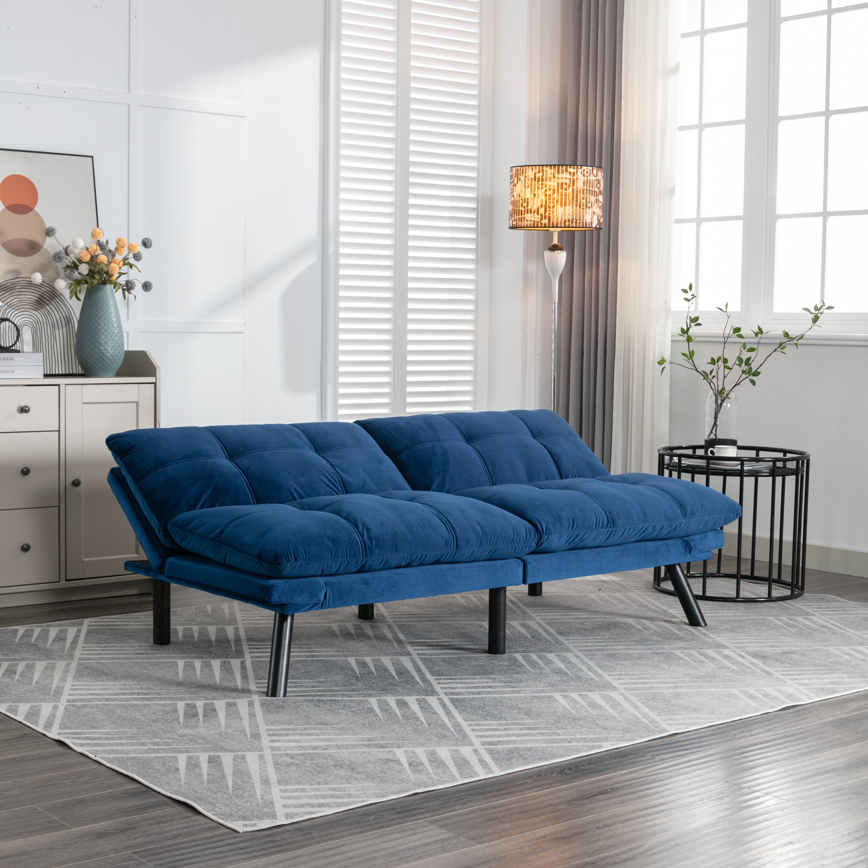 HAOYYE Navy Blue Convertible Folding Modern Sofa Bed Sturdy Space-Saving Heavy Duty Modern Design for Adults Dorm Room Easy Assembly Bedroom Furniture