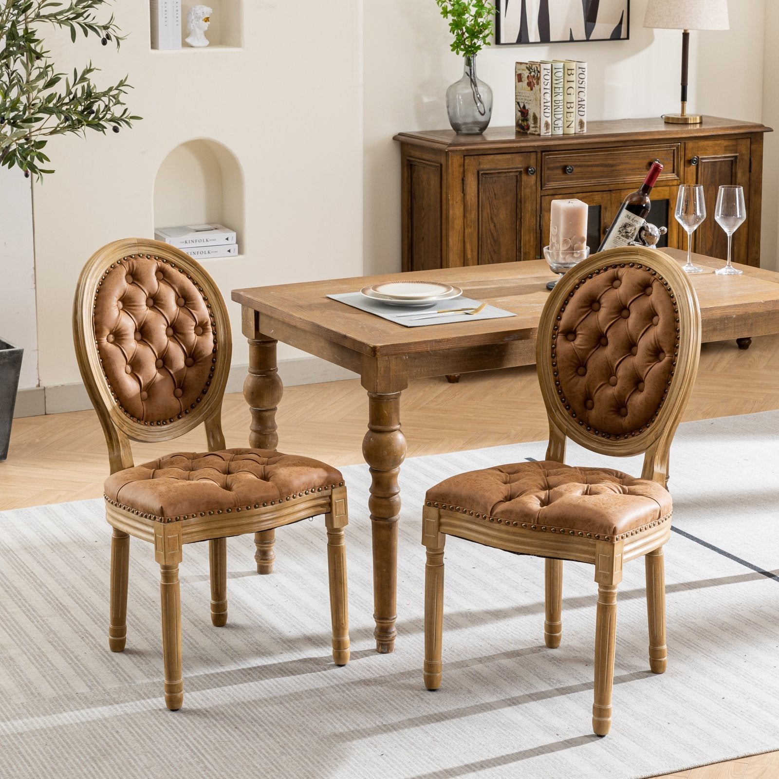HAOYYE French Style Solid Wood Frame Antique Painting,Hand-pulled buckle decoration PU artificial leather Dining Chair with Nailhead Trim ,Wood Legs,Density Foam,Steel Spring inner,Set of 2,Orange,SW1839OG