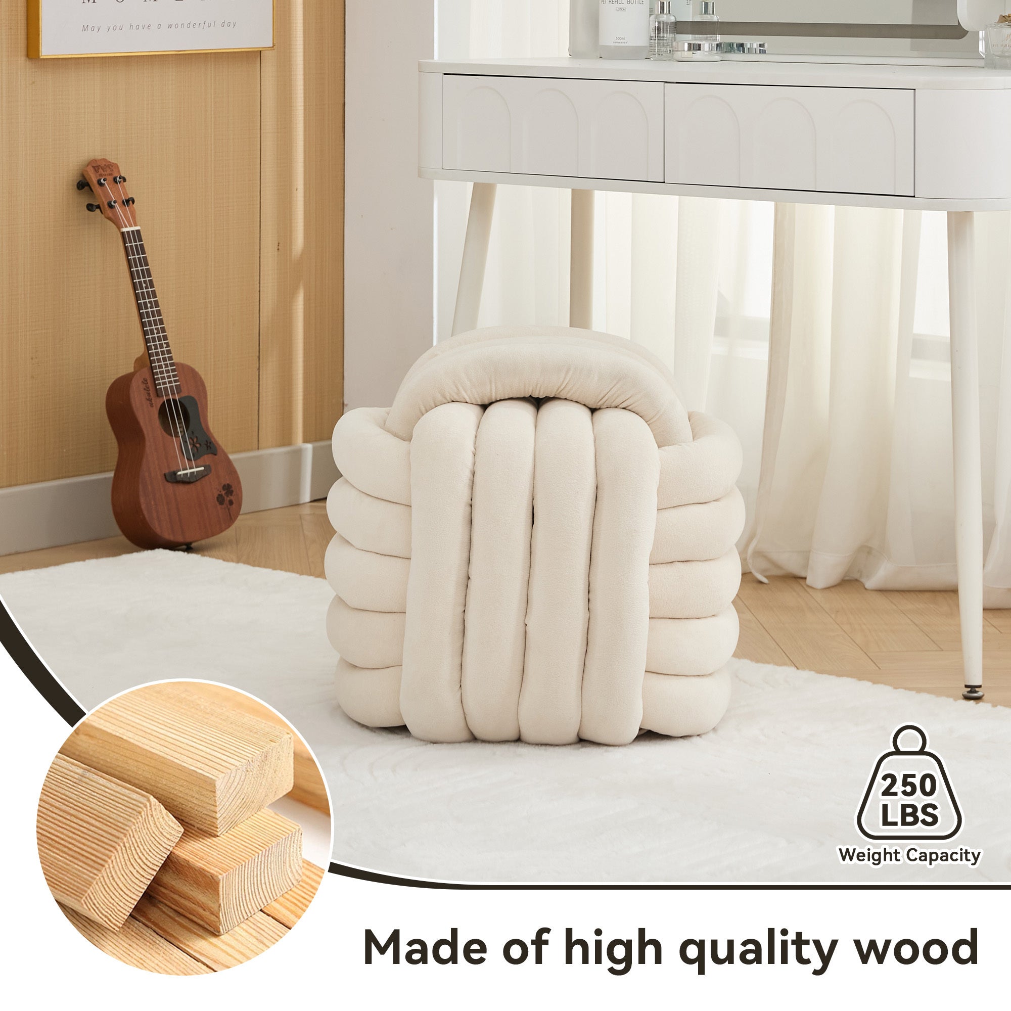 Haoyye Chenille Fabric Knot Design Ottoman Footstool Makeup Stool, Comfortable and Stylish Seat, Modern Upholstered Chair for Living Room or Bedroom, Beige, Sturdy and Space-Saving Furniture