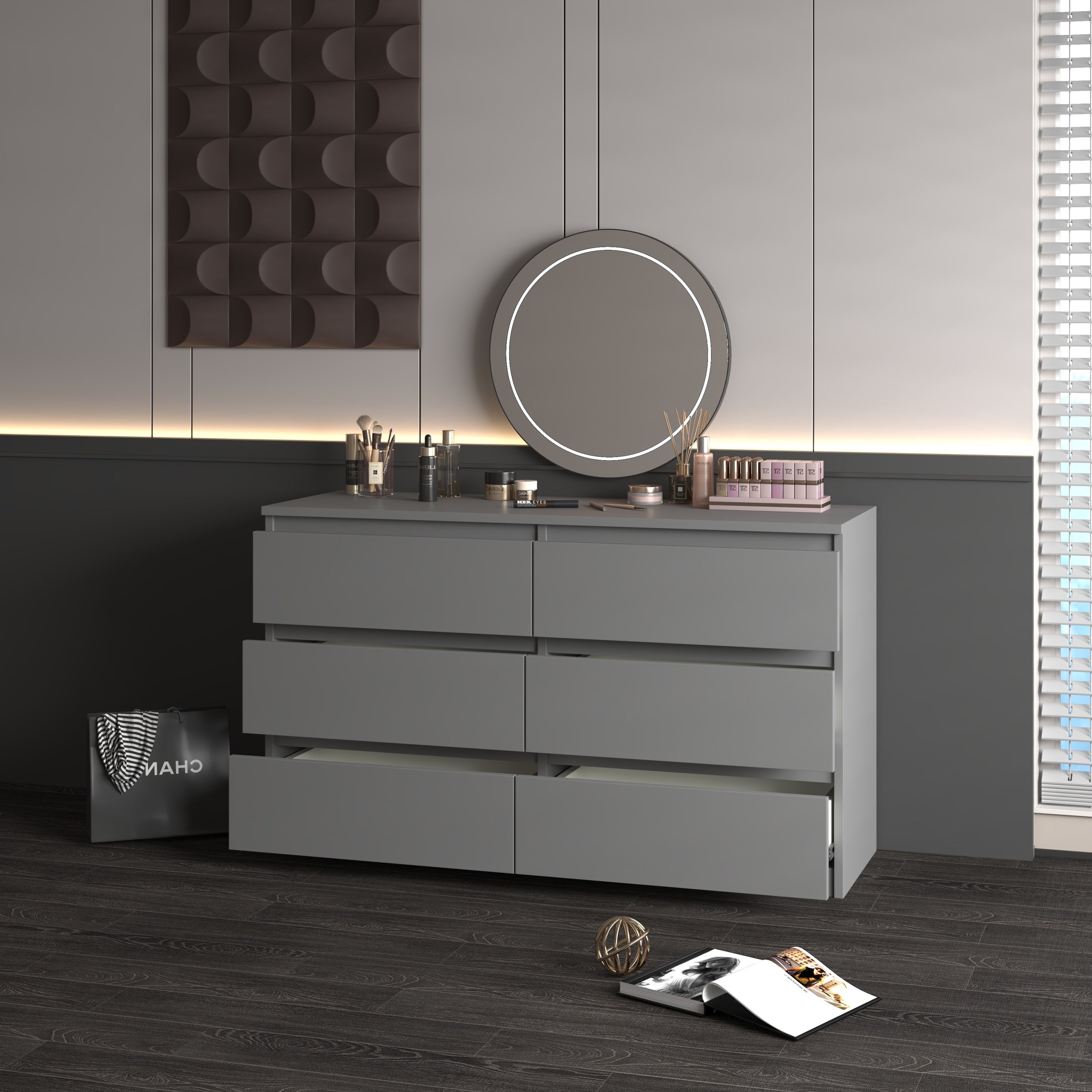 HAOYYE Gray 6-Drawer Dresser Chest, Sturdy Modern Storage Organizer With Space-Saving Design, Heavy Duty Construction, Easy Assembly For Bedroom And Dorm Room Furniture