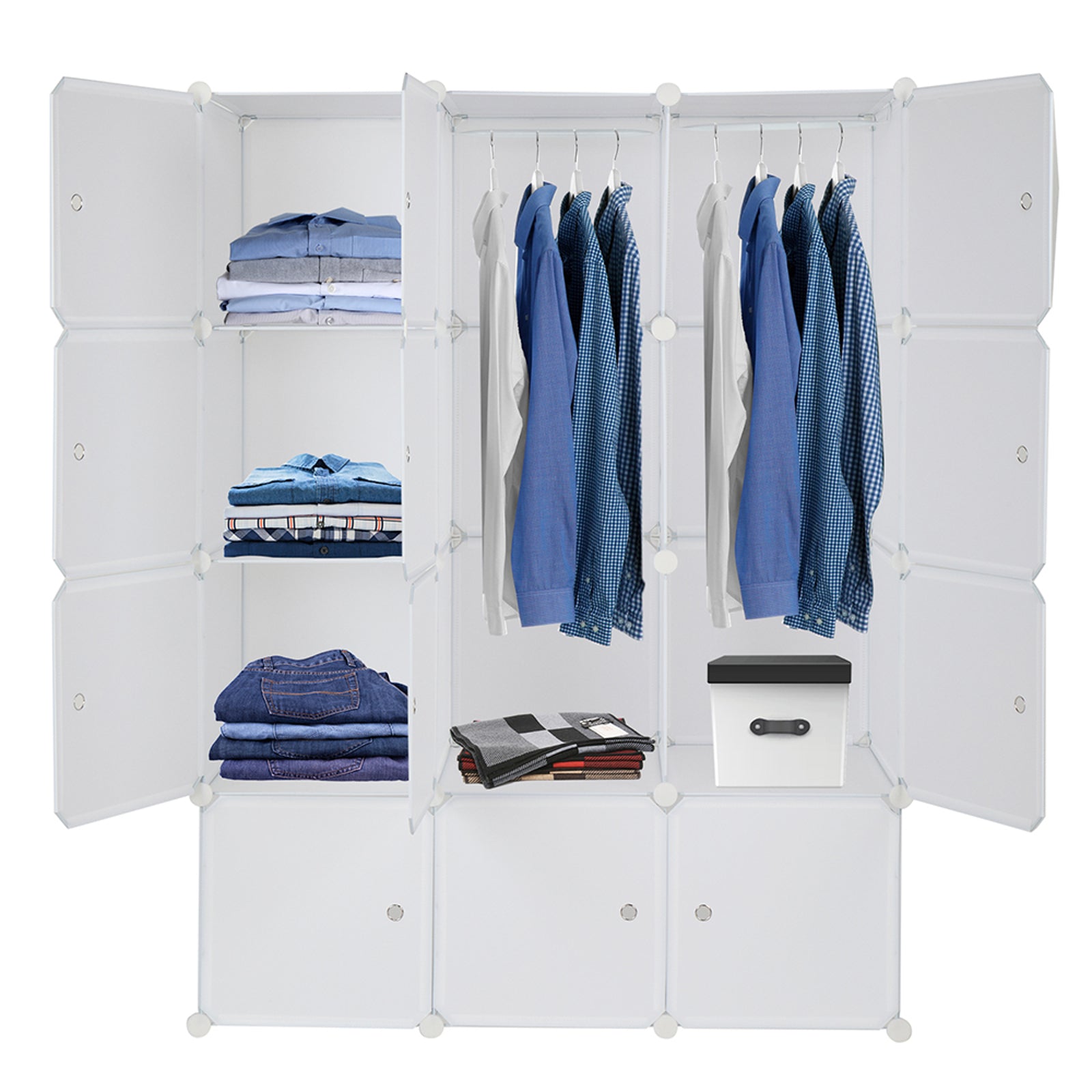 HAOYYE 12 Cube Modular Closet Organizer with Hanging Rod, Stackable Plastic Storage Shelves, Customizable DIY Wardrobe Cabinet for Bedroom Entryway Office