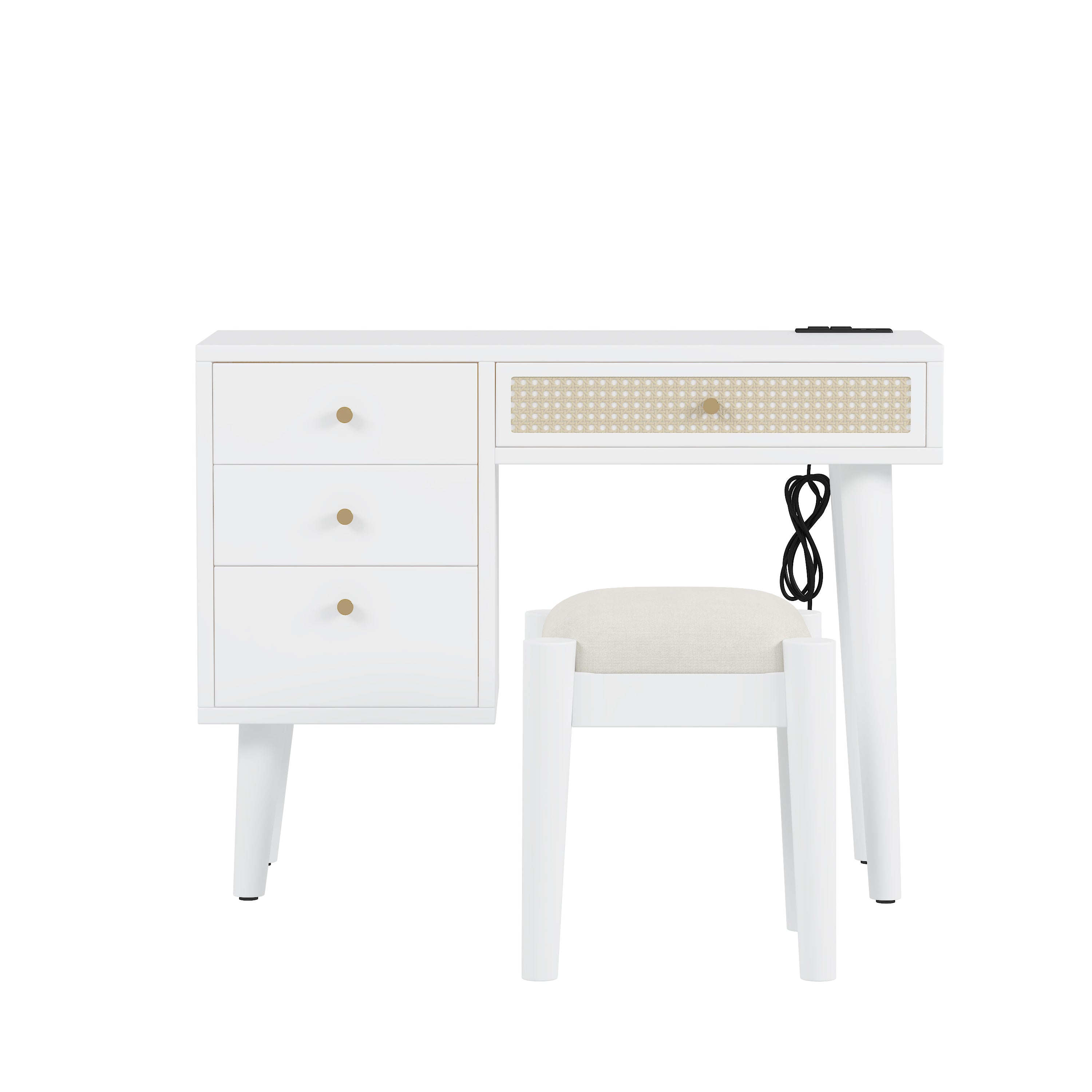 HAOYYE 39" Retro Bohemian Style Wooden Makeup Vanity Set with Charging Plug&USB Port and Stool, Dressing Table with 3 Storage Drawers and 1 Rectangular Rattan Drawer, White