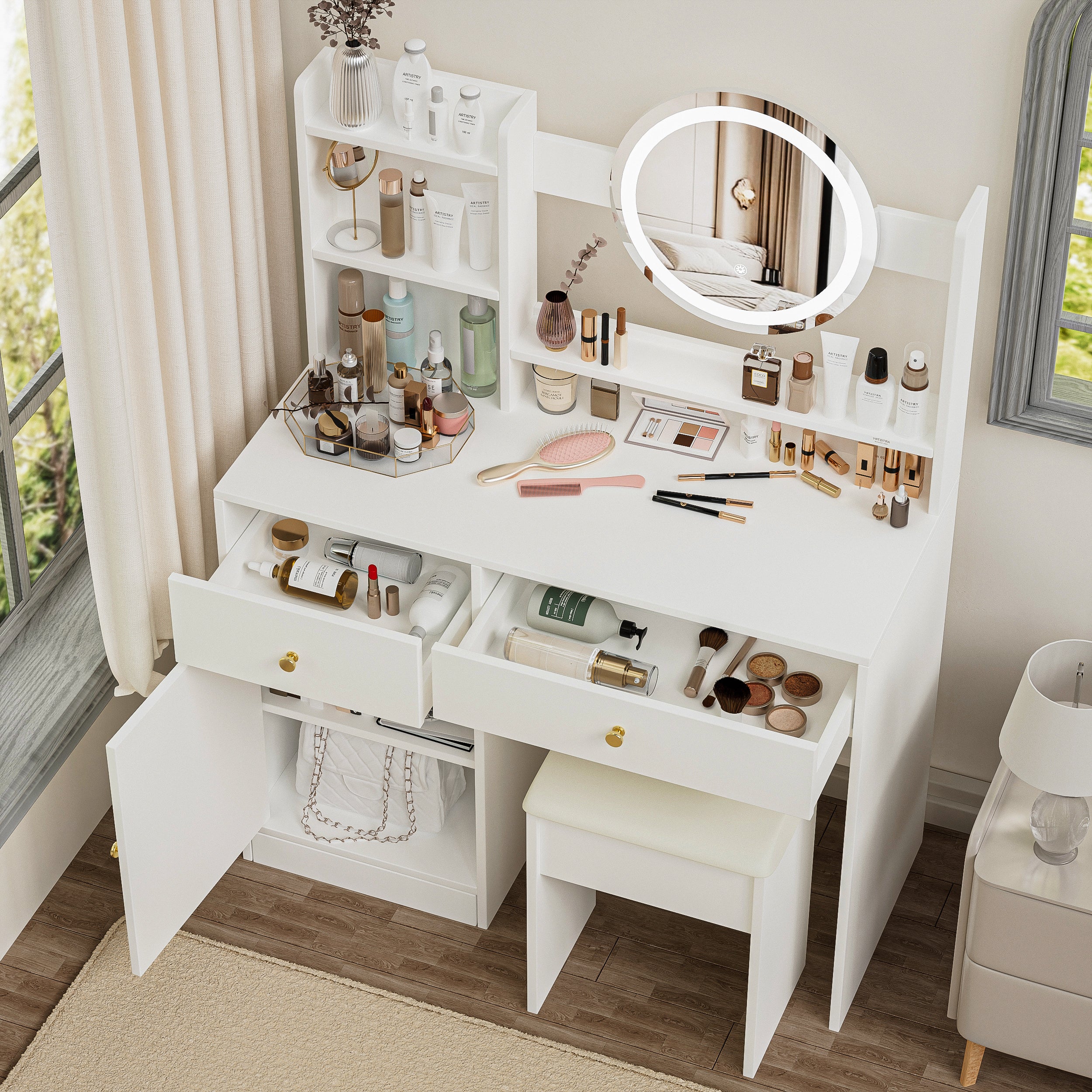 HAOYYE Fashion Vanity Desk with Mirror and Lights for Makeup and Cushioned Chair, Vanity Mirror with Lights and Table Set with 3 Color Lighting Brightness Adjustable,Dressing table, White Color Sturdy
