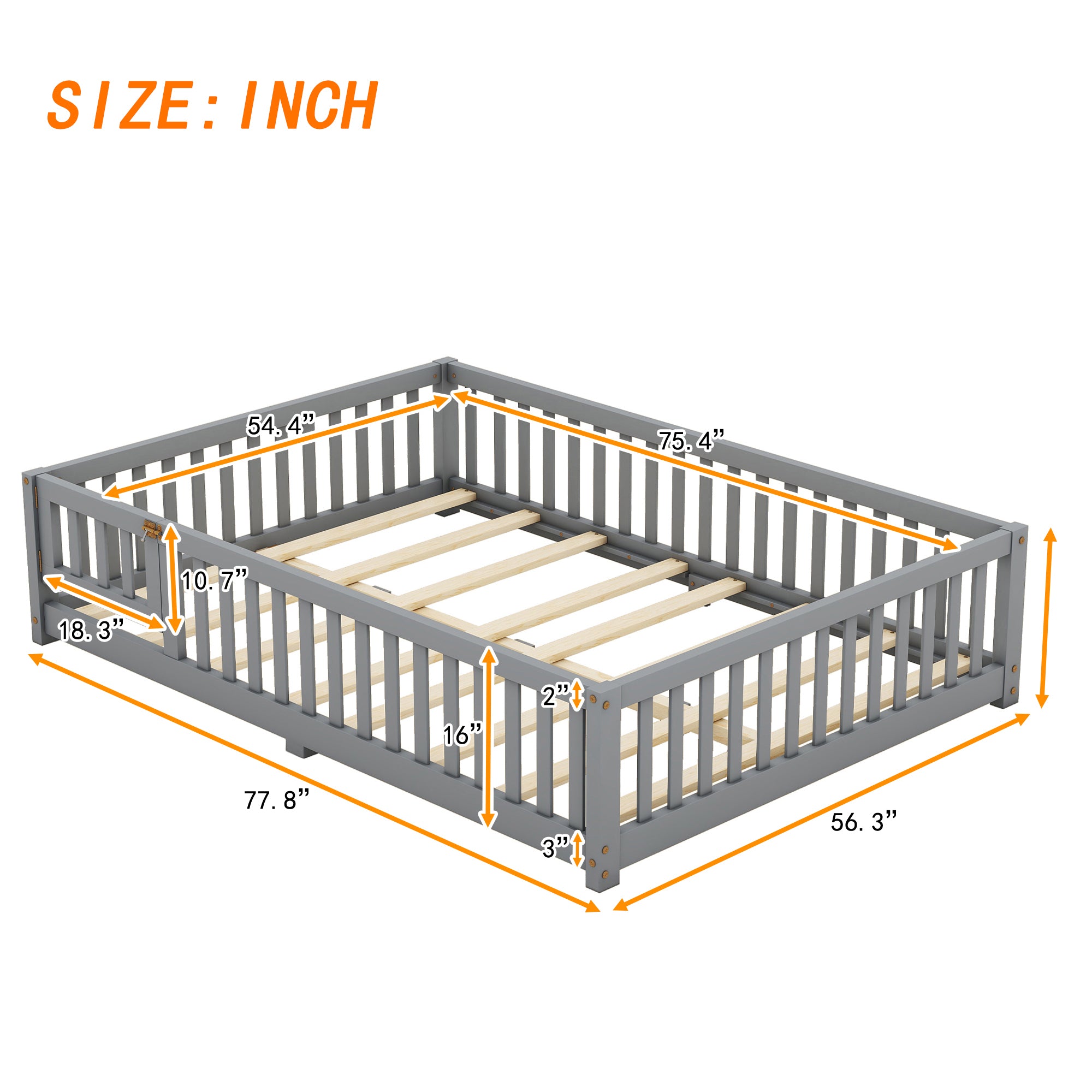 HAOYYE Full Size Bed Floor Bed with Safety Guardrails and Door for , Gray(Old SKU: W158090691) Sturdy Space-Saving Heavy Duty Modern Design Adults Dorm Room Easy Assembly Bedroom Furniture