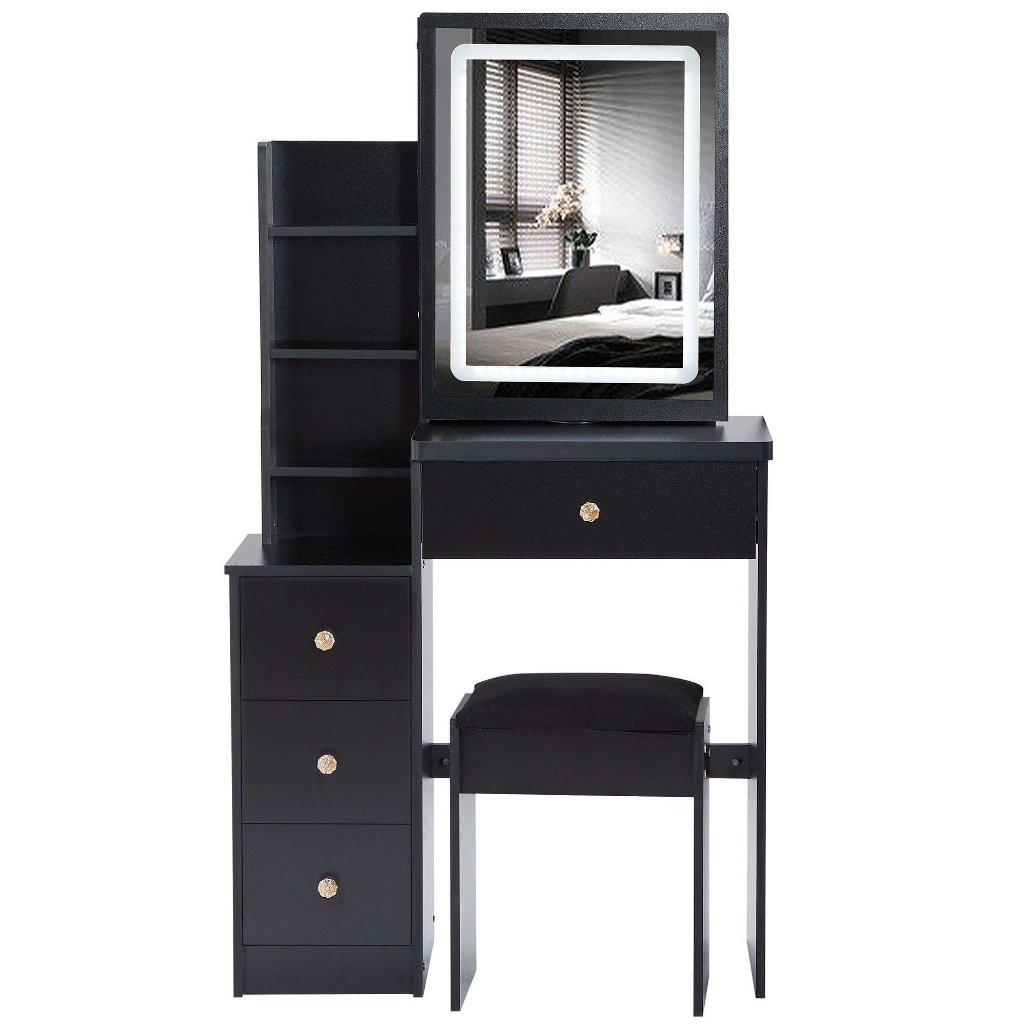 HAOYYE Small Size Left Bedside Cabinet Vanity Table + Cushioned Stool, Touch Control Sliding LED Mirror, Tri-color Switching, Brightness Adjust, Multi Layer, Suitable for Small Space, EPA,GCC,UL Certificate