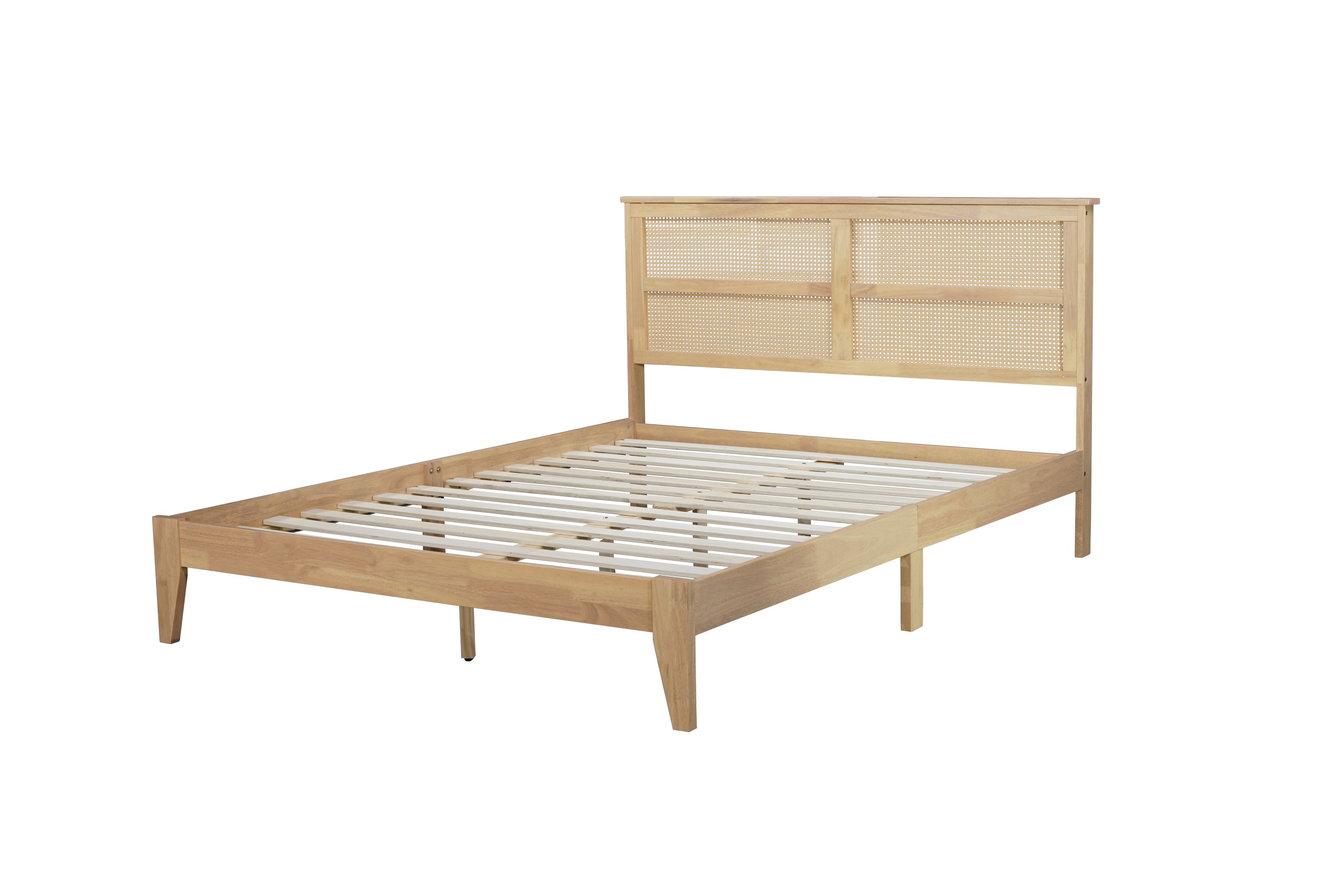 HAOYYE Queen Size Rubber Wooden, Solid Wooden Bed with Rattan Headboard, Enhanced by Support Feet,Oak White Sturdy Space-Saving Heavy Duty Modern Design Adults Dorm Room Easy Assembly Bedroom Furniture