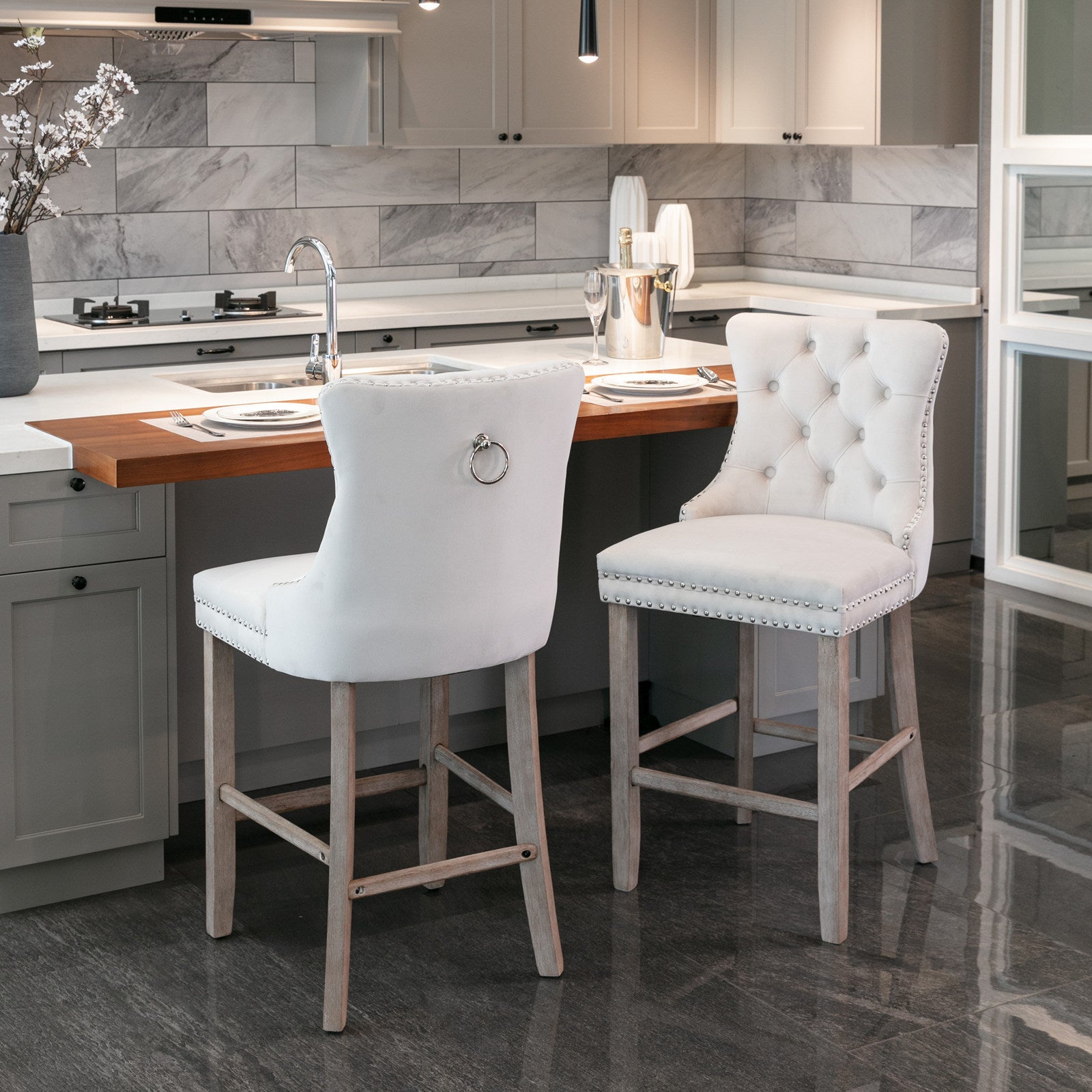 HAOYYE Contemporary Velvet Upholstered Barstools with Button Tufted Decoration and Wooden Legs, and Chrome Nailhead Trim, Leisure Style Bar Chairs,Bar stools, Set of 2 (Beige),SW2002BG Sturdy Space-Saving