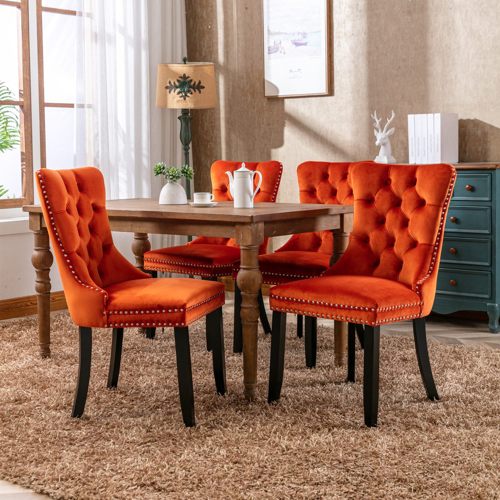 HAOYYE High-end Tufted Solid Wood Contemporary Velvet Upholstered Dining Chair with Wood Legs Nailhead Trim 2-Pcs Set, Orange, SW2001OG Sturdy Space-Saving Heavy Duty Modern Design