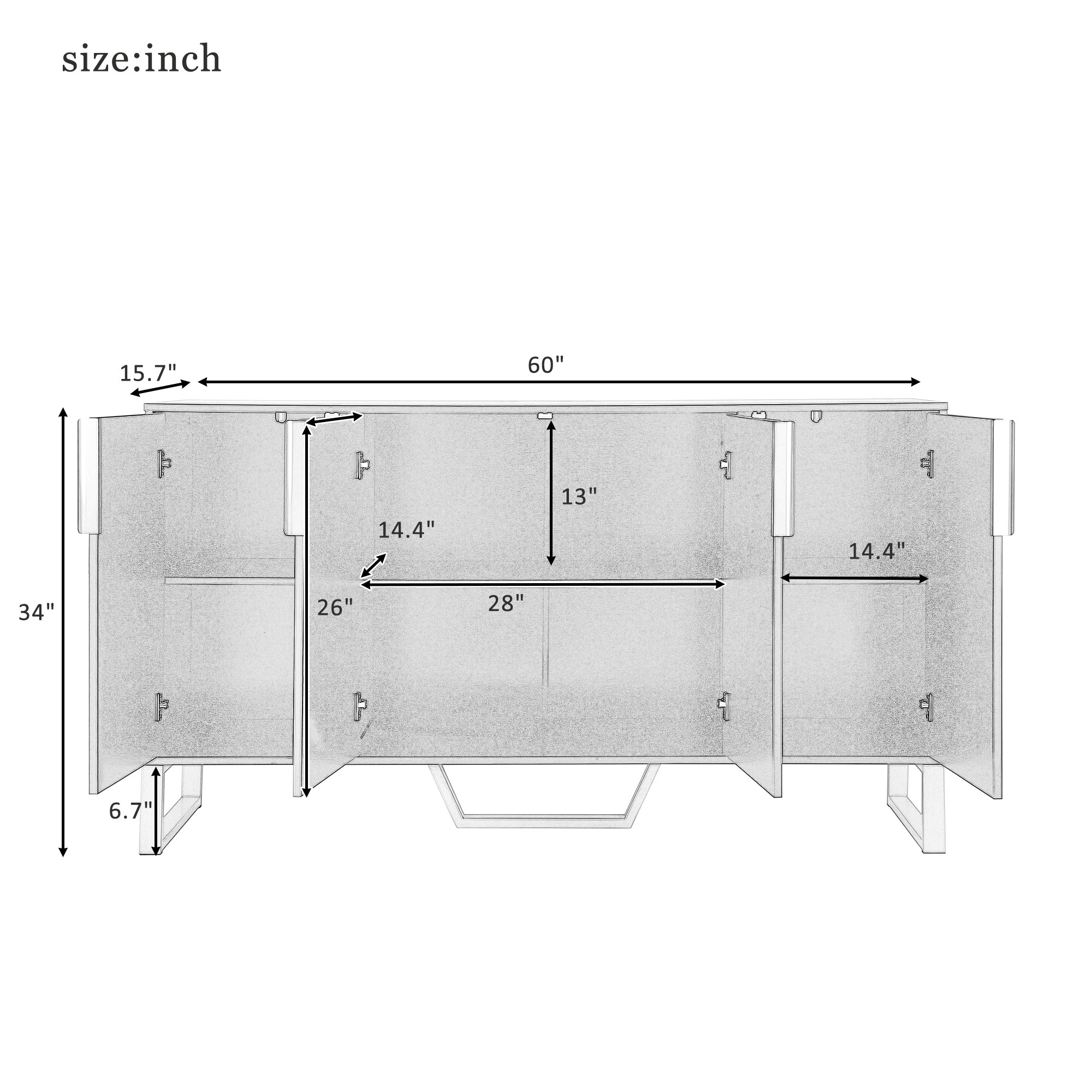 HAOYYE Modern Sideboard with Four Doors, Metal Handles and Legs, Adjustable Shelves, Stylish Storage Cabinet for Kitchen, Dining Room, Living Room, Black, Sturdy Space-Saving Heavy Duty Design, Ideal for Home and Apartment, Easy Assembly