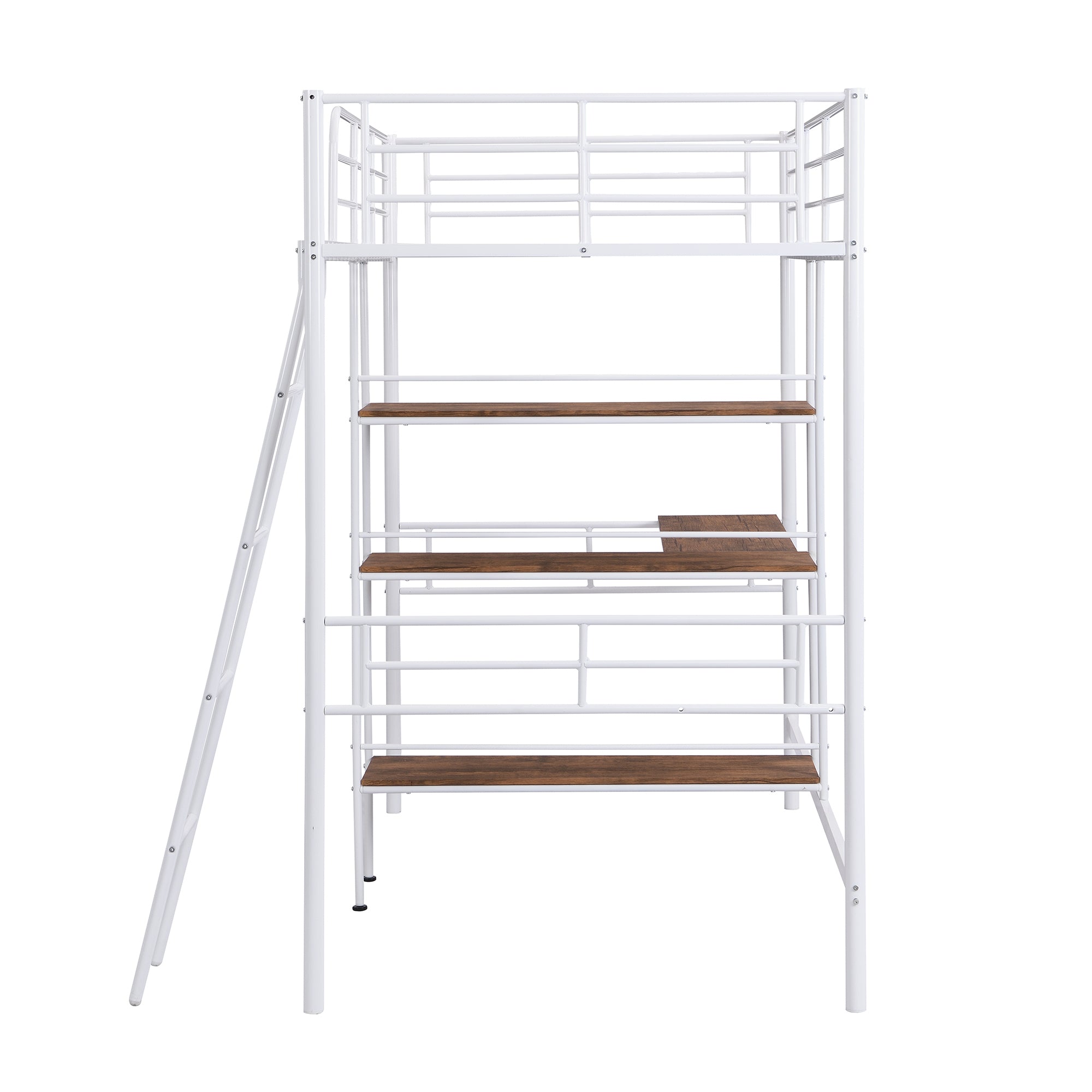 HAOYYE Twin Size Metal Loft Bed and Built-in Desk and Shelves,White Sturdy Space-Saving Heavy Duty Modern Design Adults Dorm Room Easy Assembly Bedroom Furniture