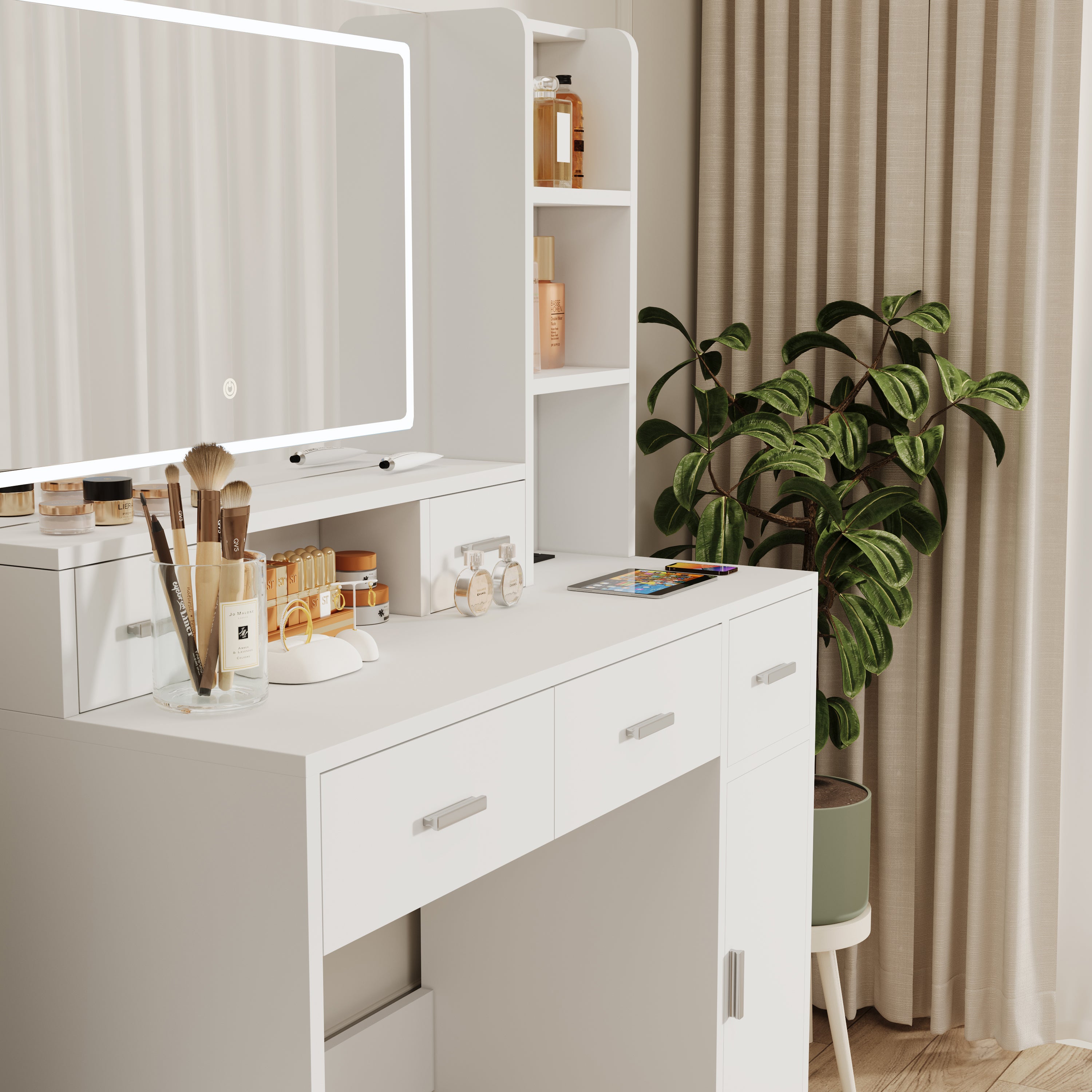 HAOYYE Smart Mirror Dressing Table with Drawers and Storage Cabinet, Modern Design Dressing Table with Soft Dressing Pad for Bedroom and Dressing Room, Sturdy Space-Saving Heavy Duty Construction, Ideal for Adults