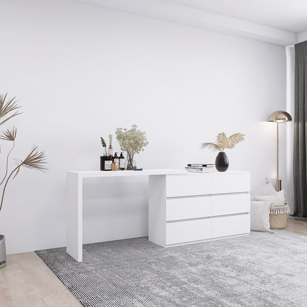 HAOYYE Extended Desktop 6-Drawer Dresser, White Modern Chest without Handles, Sturdy Space-Saving Design, Heavy Duty Construction, Ideal for Bedroom, Vanity, Dorm Room, Easy Assembly