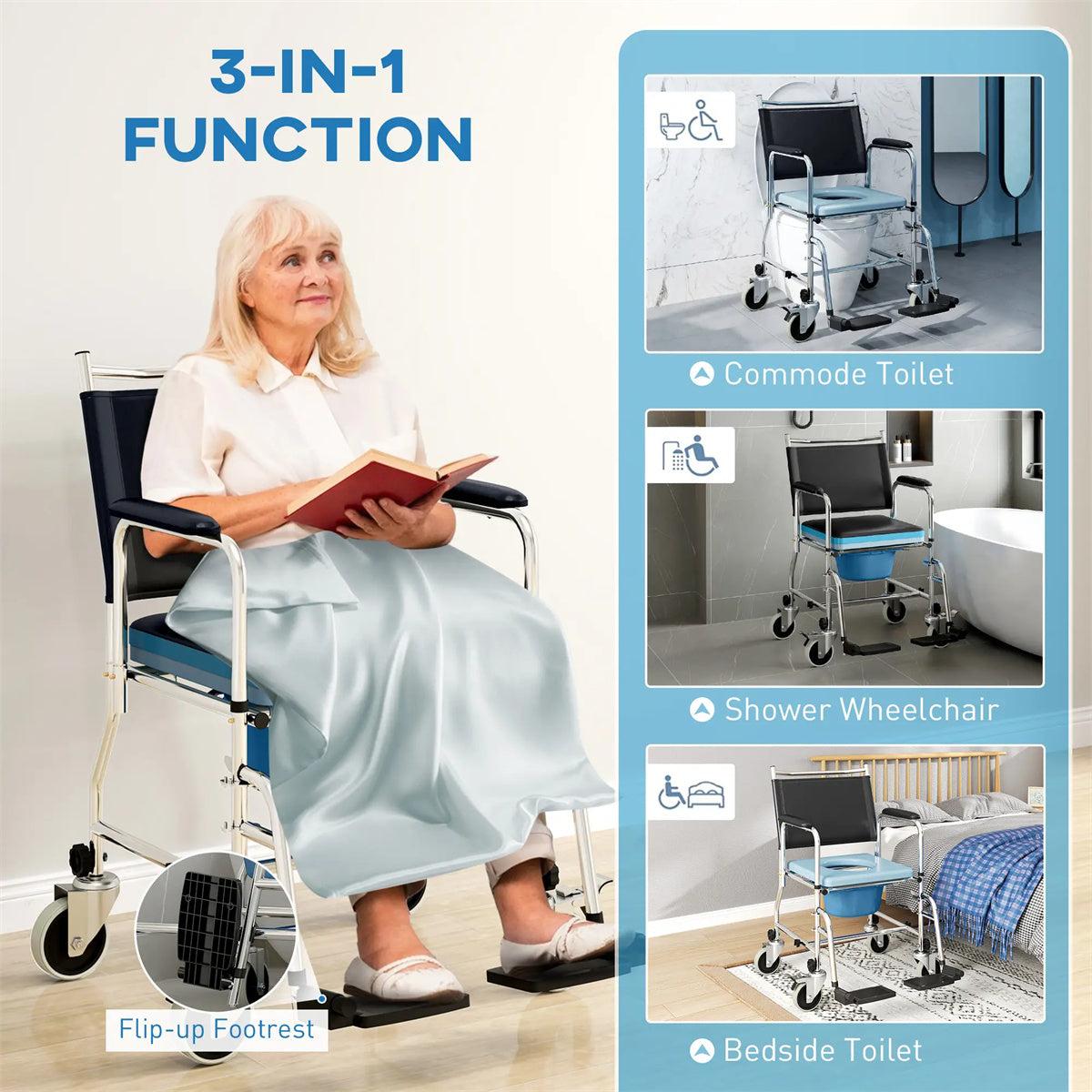 HAOYYE New Mobile Shower Chair And Toilet Wheelchair With Adjustable Height, Lightweight Portable Commode Chair With Padded Seat And Backrest, Waterproof Castor Wheels For Easy Mobility And Safety
