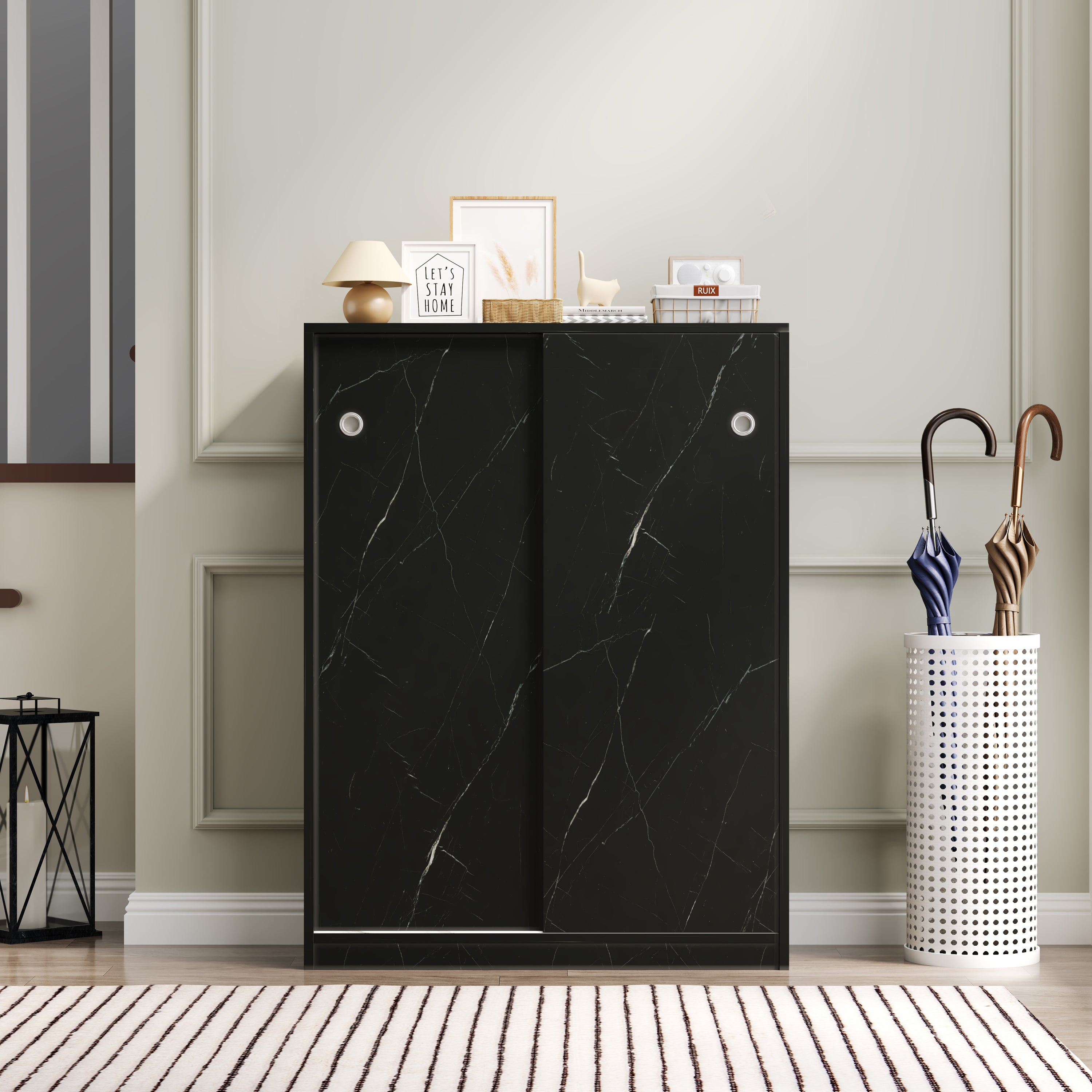 HAOYYE Marble black shoe cabient with sliding door have 6 layers can storage at least30 pairs shoes Sturdy Space-Saving Heavy Duty Modern Design Adults Dorm Room Easy Assembly Bedroom Furniture