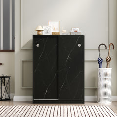 HAOYYE Marble black shoe cabient with sliding door have 6 layers can storage at least30 pairs shoes Sturdy Space-Saving Heavy Duty Modern Design Adults Dorm Room Easy Assembly Bedroom Furniture