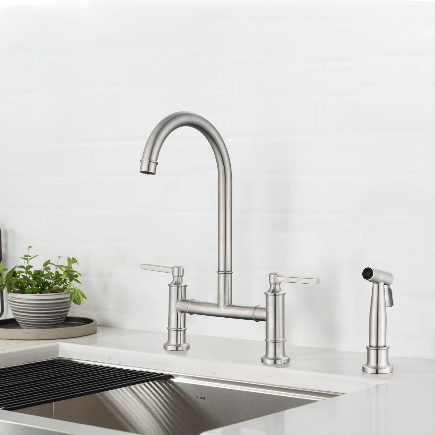 Haoyye Double Handle Bridge Kitchen Faucet with Side Sprayer, 360° Swivel High Arc Faucet with Dual Handle Control, Brushed Nickel SUS304 Stainless Steel Construction, Water-Saving Aerator, Modern Design for Home Kitchen, Easy to Install