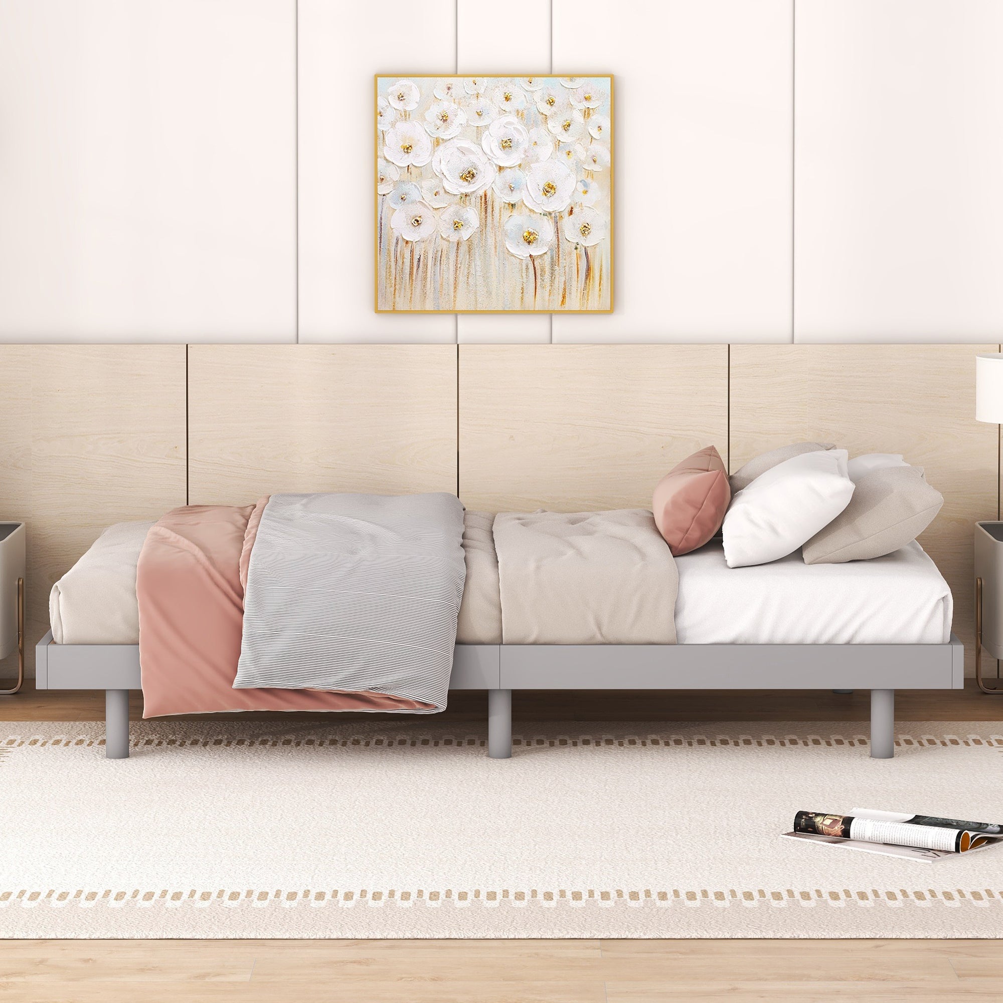HAOYYE Modern Design Twin Size Floating Platform Bed Frame for Grey Color Sturdy Space-Saving Heavy Duty Easy Assembly Durable Stylish Home Furniture Versatile