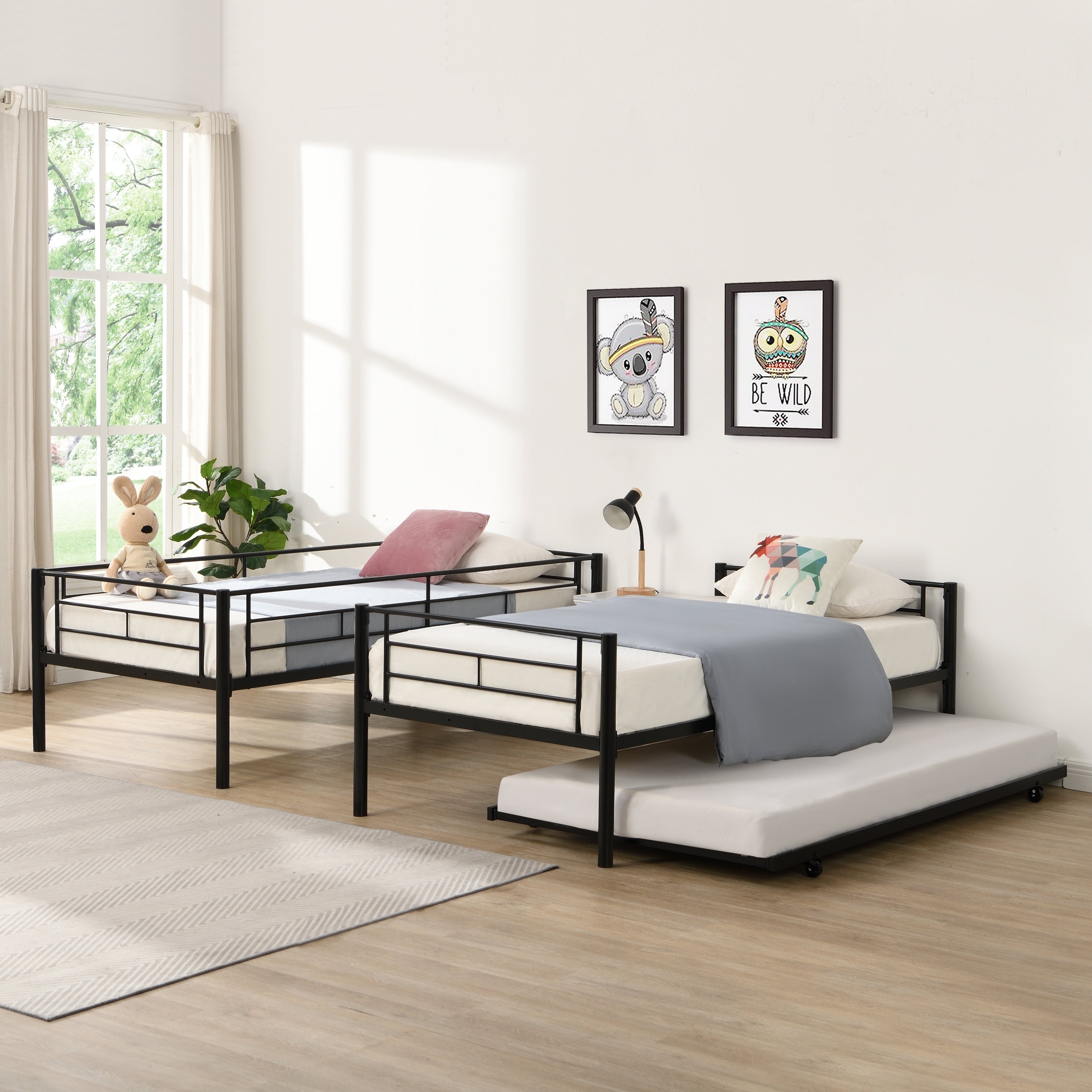 HAOYYE Over Twin Bunk Bed Frame with Trundle,Metal Bunkbed with Sturdy Guard Rail and 2 sideLadders for /Adults,Can be Divided Into Two Beds, No Box Spring Needed, Noise Free for Dorm,Black Space-Saving