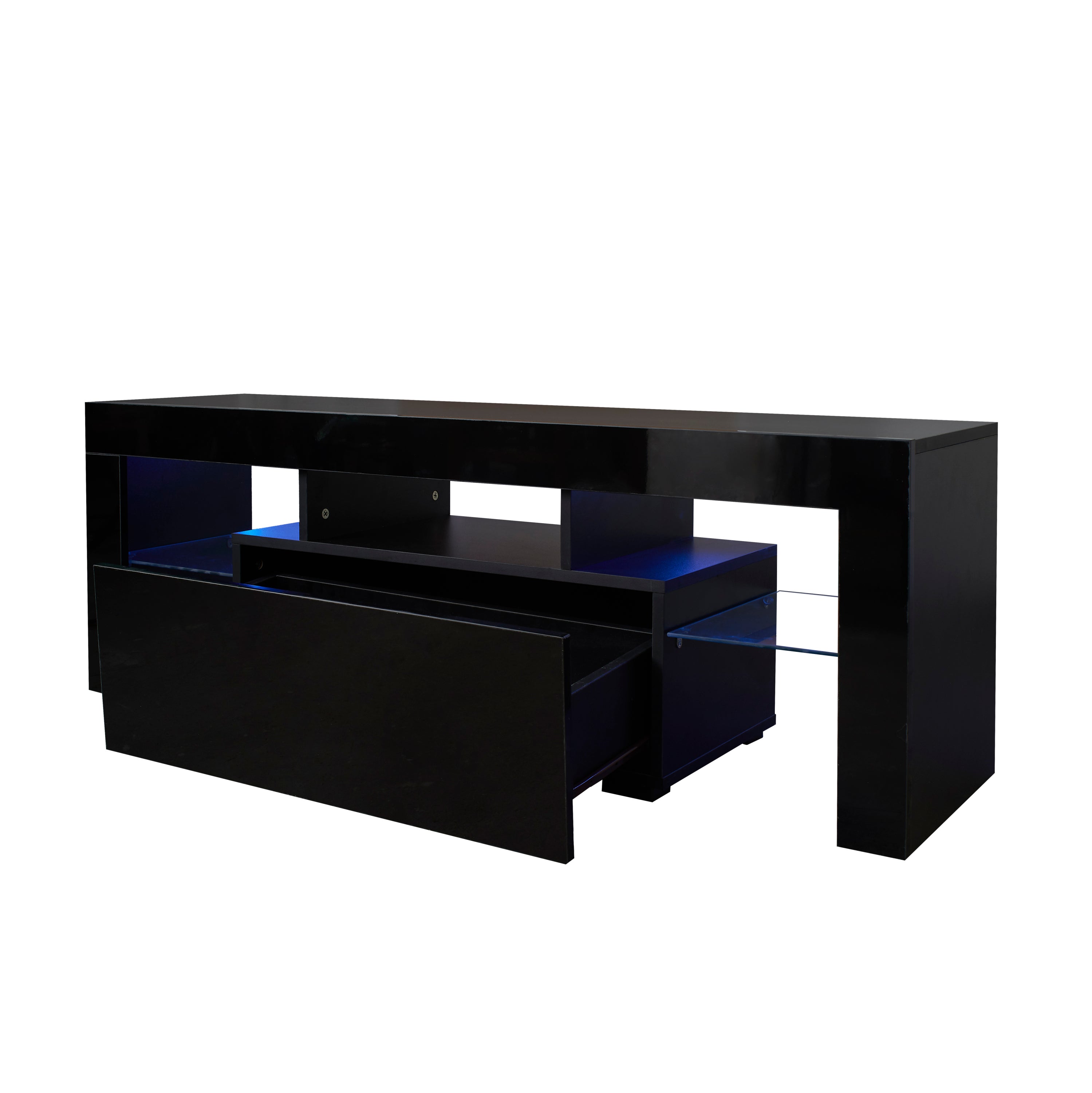 HAOYYE Black TV Stand with LED RGB Lights,Flat Screen TV Cabinet, Gaming Consoles - in Lounge Room, Living Room and Bedroom(Black) Sturdy Space-Saving Heavy Duty Modern Design Easy Assembly Durable Stylish