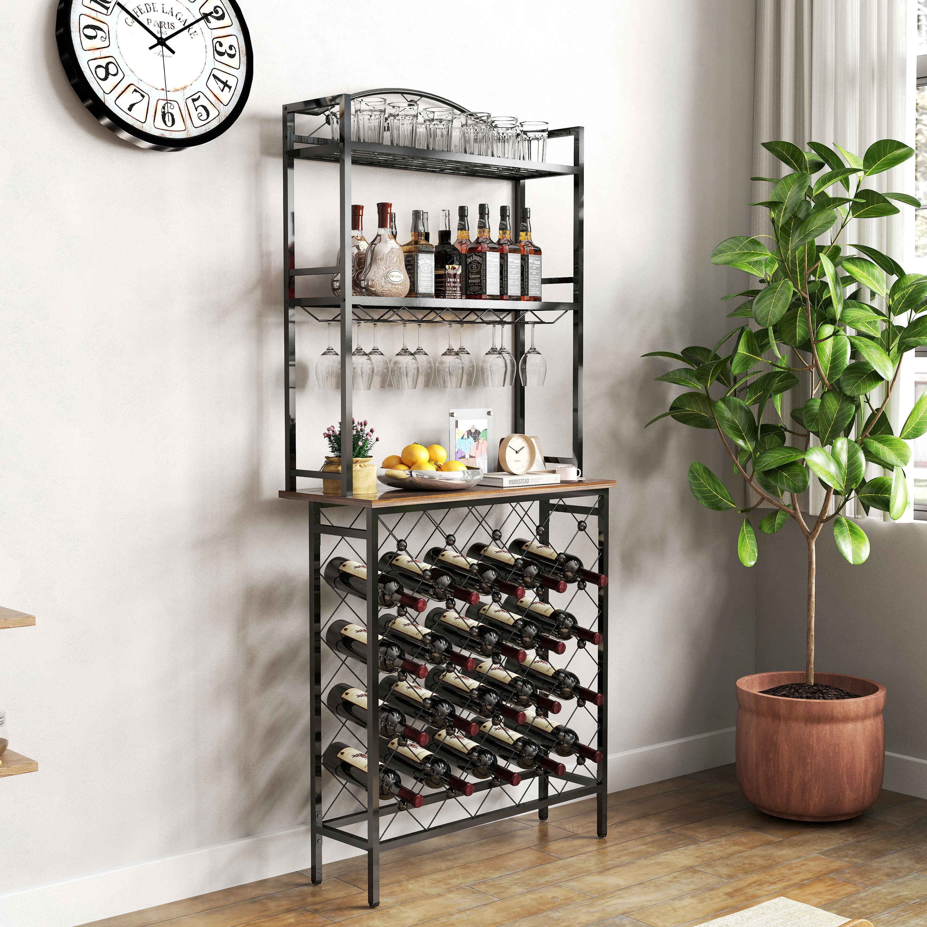HAOYYE Industrial Wine Rack Bar Table, 3-Tier Liquor Bottle and Glass Holder with Storage Shelves, Metal and Wood Wine Organizer for Home Kitchen, Dining Room, and Living Room Sturdy Space-Saving Heavy Duty