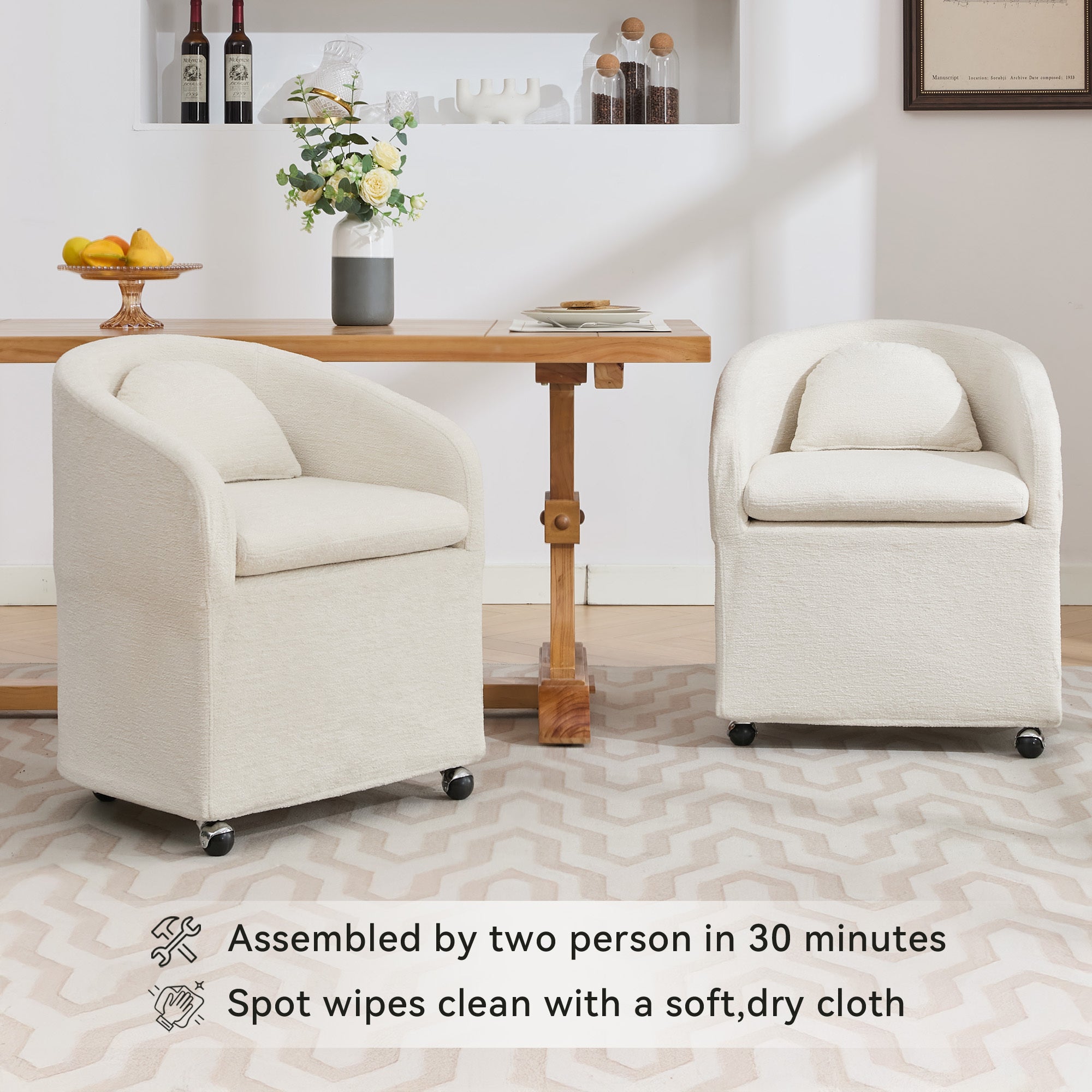 HAOYYE 059-Set of 1 Chenille Fabric Dining Armchair With Back Cushion and Universal Wheels,Beige Sturdy Space-Saving Heavy Duty Modern Design Adults Dorm Room Easy Assembly Bedroom Furniture