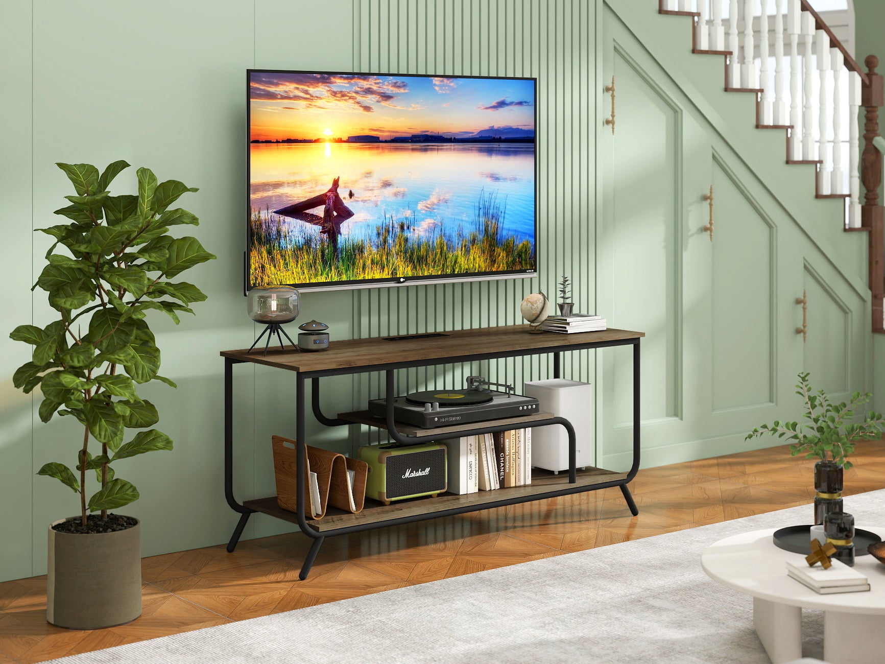 HAOYYE Modern TV Stand With Power Outlets And LED Lights, Entertainment Center With Shelves, TV Console Table For Living Room And Bedroom, Light Gray Sturdy Space-Saving Heavy Duty Design