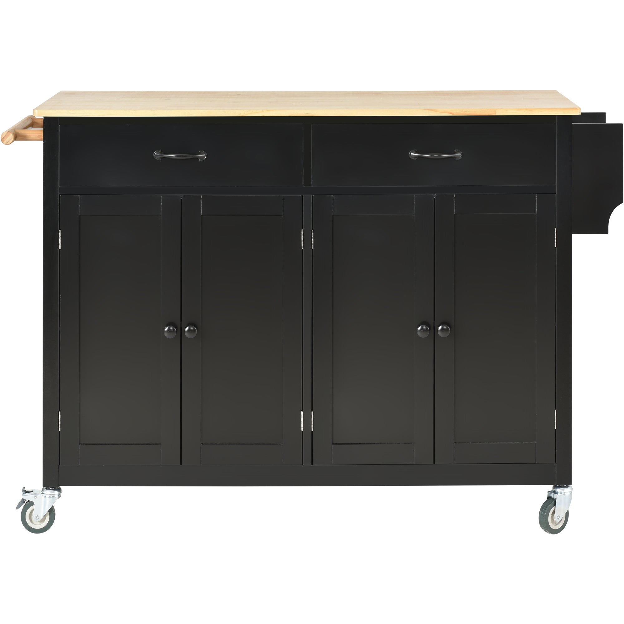 HAOYYE Kitchen Island Cart with Solid Wood Top, 4-Door Cabinet, Two Drawers, Spice Rack, and Towel Rack, Black Modern Kitchen Storage, Heavy Duty, Space-Saving Design, Mobile Island for Kitchen or Dining Room