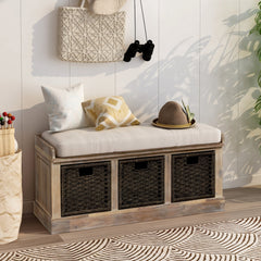 HAOYYE Rustic Storage Bench with 3 Removable Classic Rattan Basket , Entryway Bench with Removable Cushion (White Washed) Sturdy Space-Saving Heavy Duty Modern Design Easy Assembly Durable Stylish