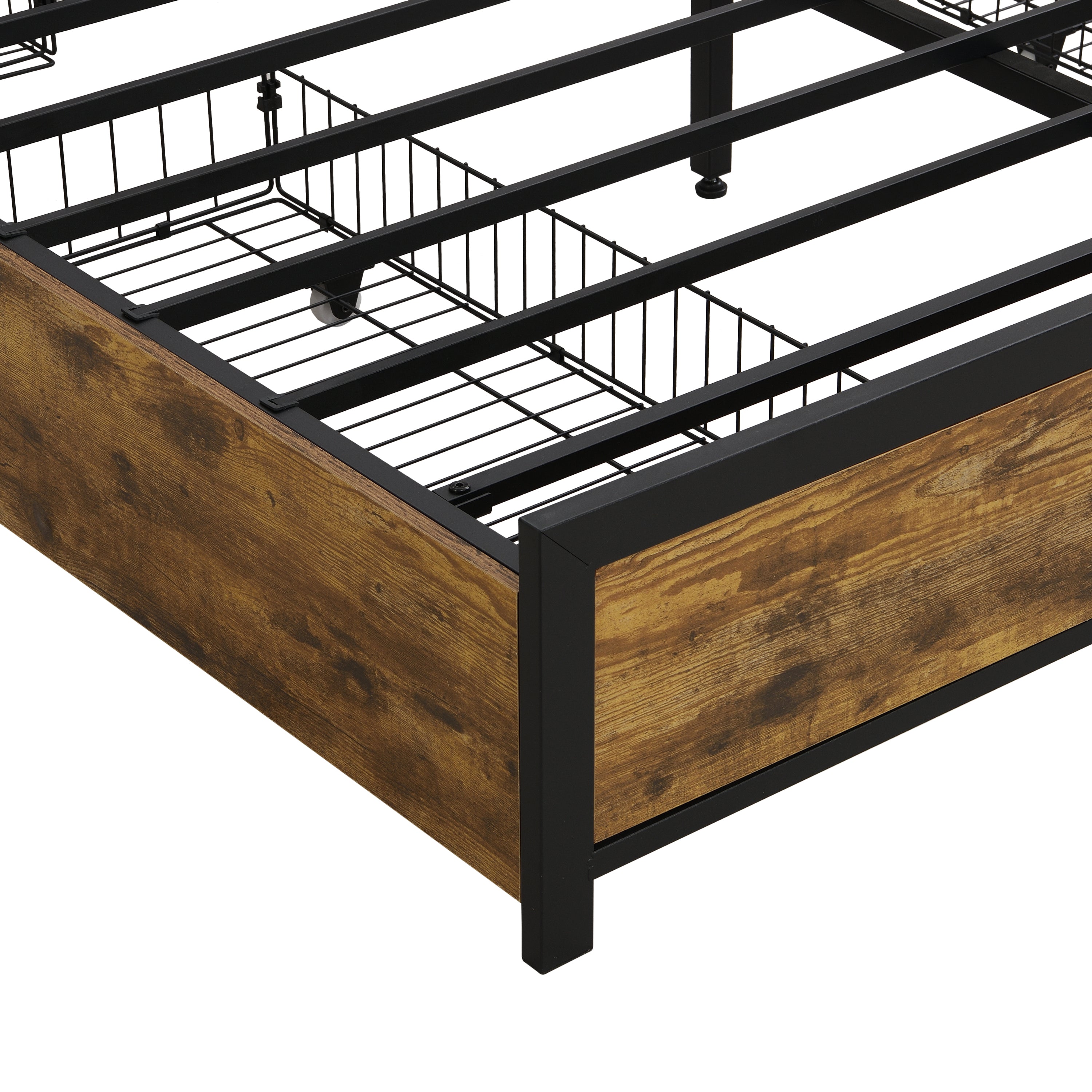 HAOYYE Full Size Bed Frame with Storage Headboard, Charging Station, LED Lights, and Four Drawers, Brown and Gray, Sturdy Space-Saving Design, Heavy Duty Construction, Modern Stylish Home Furniture