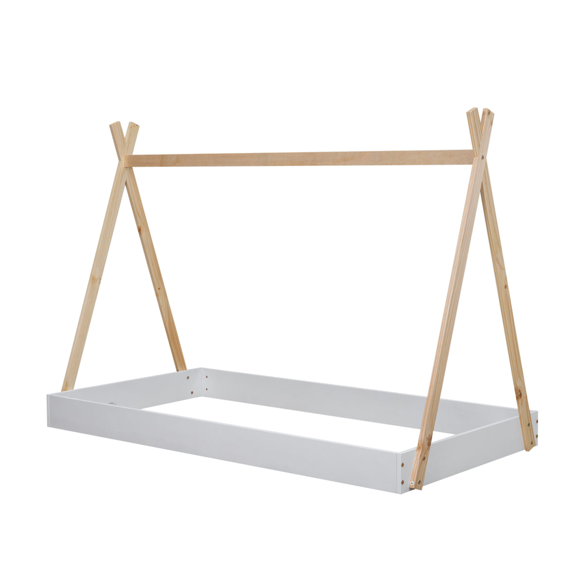 HAOYYE Twin Size Tent Floor Bed with Triangle Structure, White+Natural Sturdy Space-Saving Heavy Duty Modern Design Adults Dorm Room Easy Assembly Bedroom Furniture
