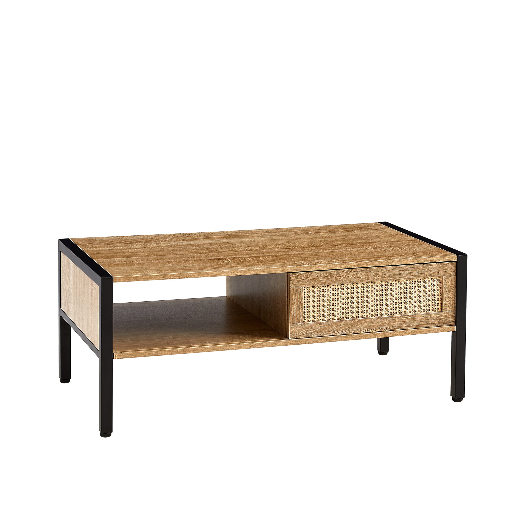 HAOYYE 40.16" Rattan Coffee table, sliding door for storage, metal legs, Modern table for living room , natural Sturdy Space-Saving Heavy Duty Modern Design Adults Dorm Room Easy Assembly