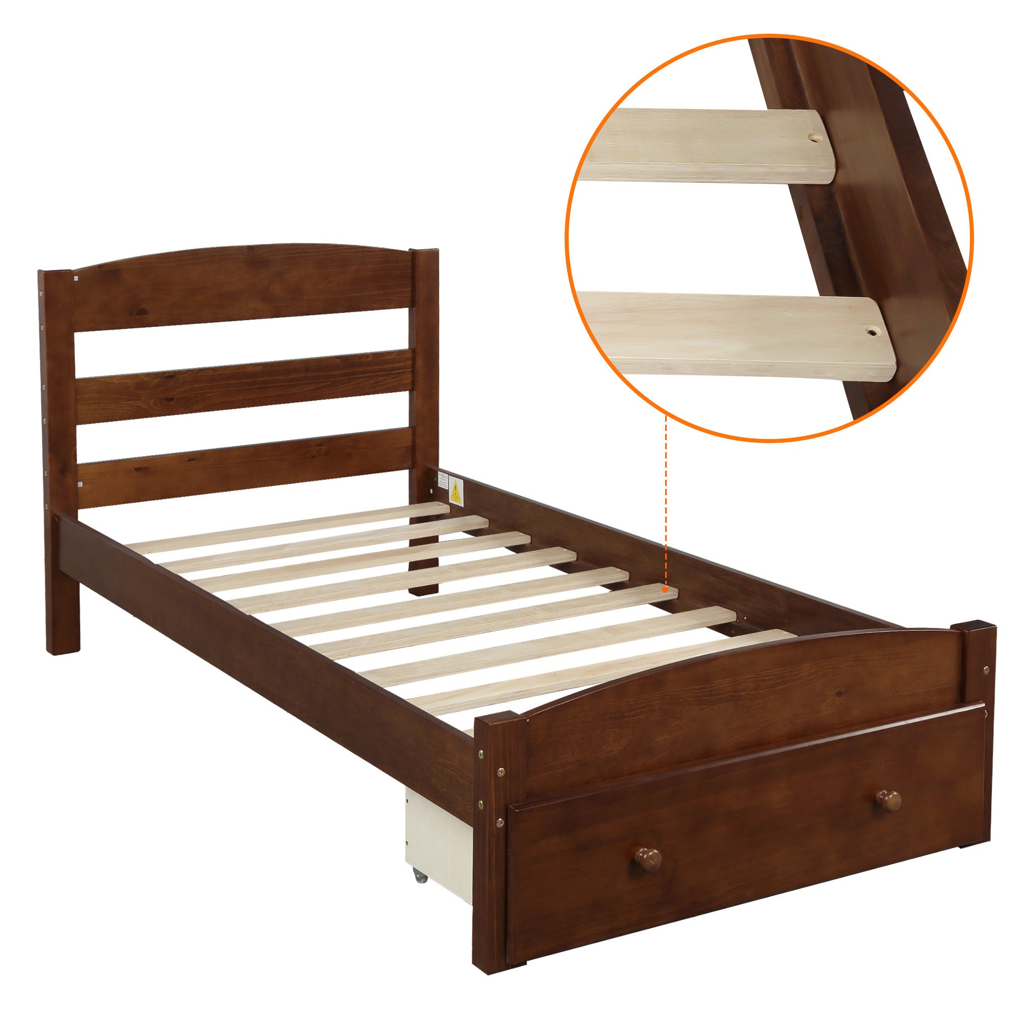 HAOYYE Twin Bed Frame with Storage Drawer and Wood Slat Support, Walnut, Sturdy Space-Saving Design, Heavy Duty Construction, Easy Assembly, Durable and Stylish Home Furniture, Versatile for Bedroom Use