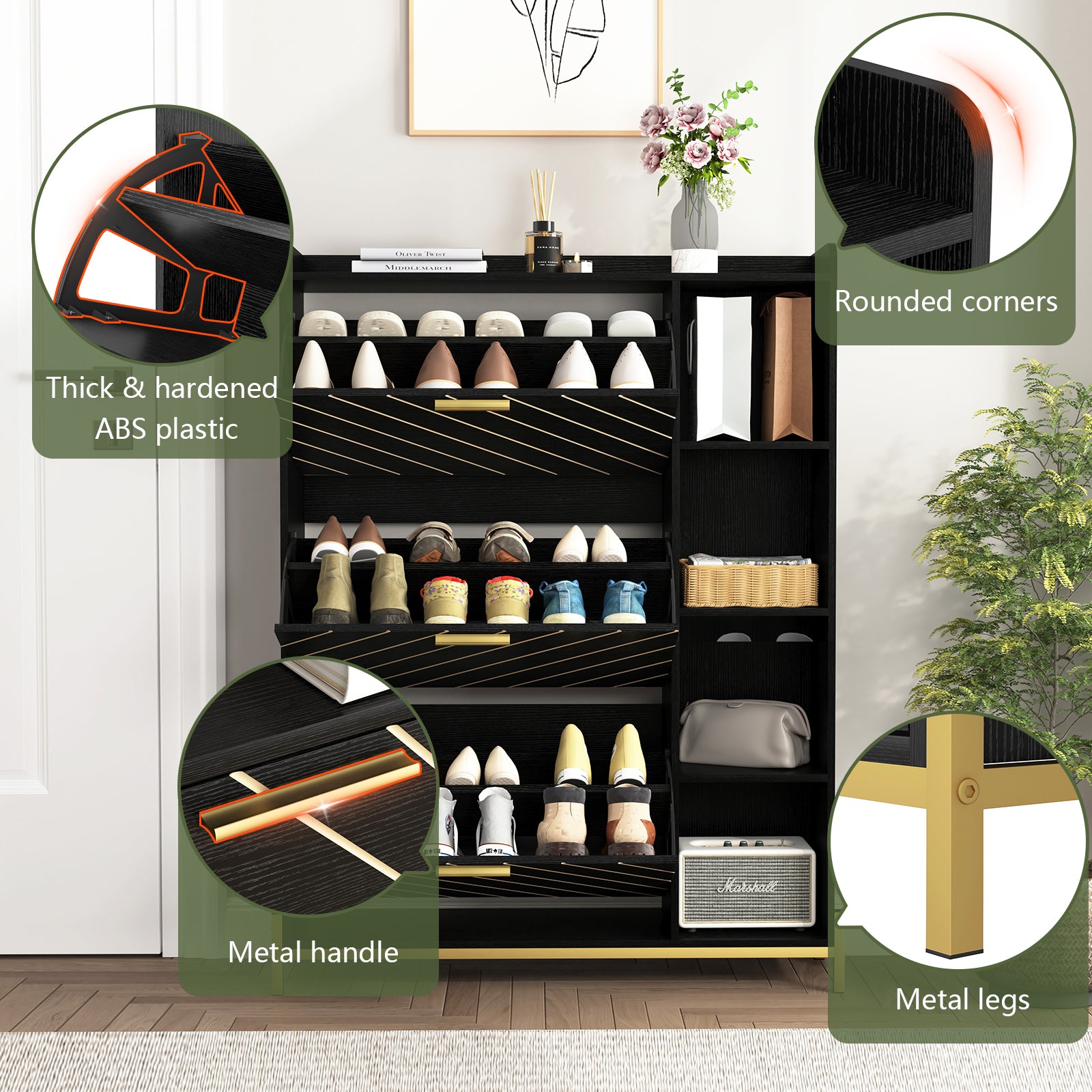 HAOYYE Modern Slim Shoe Cabinet With 3 Flip Drawers And Open Shelves, Wood Freestanding Shoe Organizer, Narrow Hidden Shoe Storage For Heels, Boots, And Slippers, Sturdy Entryway Shoe Rack For Entrance