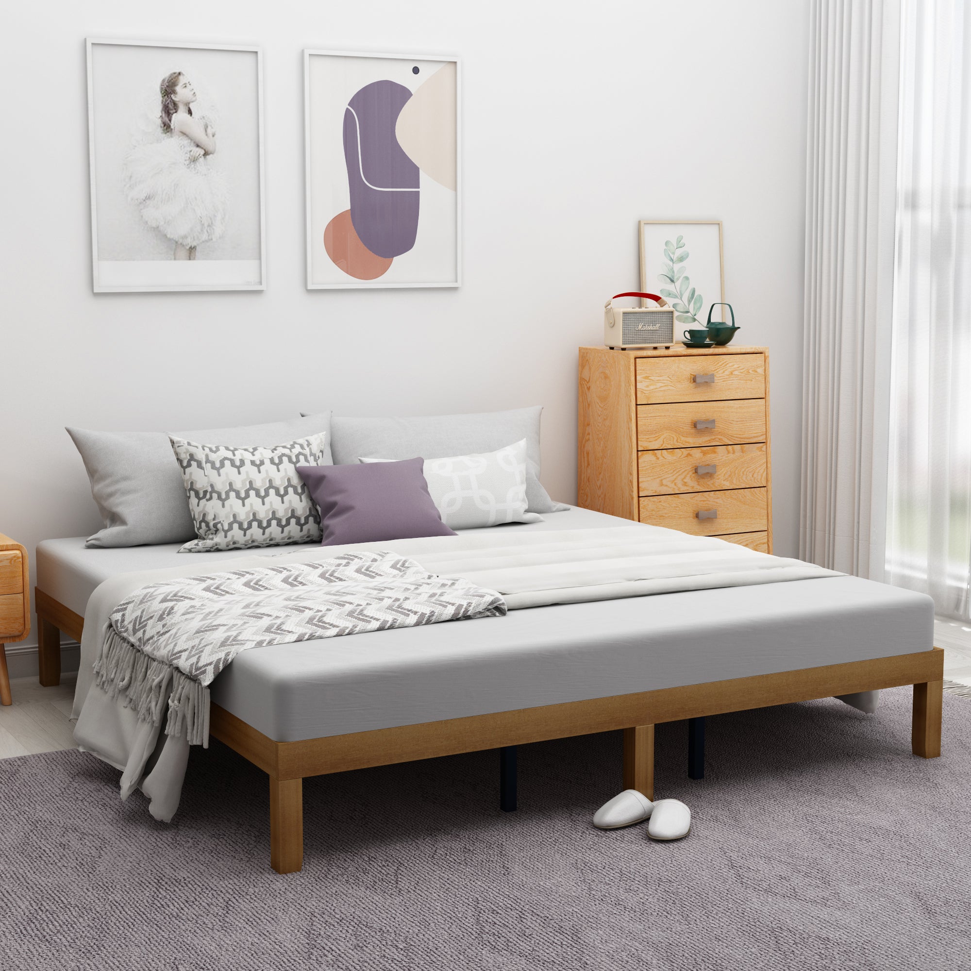 HAOYYE Queen Size Wood Platform Bed Frame,No Box Spring Needed,Strong Wood Slat Support, Easy Assembly Sturdy Space-Saving Heavy Duty Modern Design Adults Dorm Room Bedroom Furniture