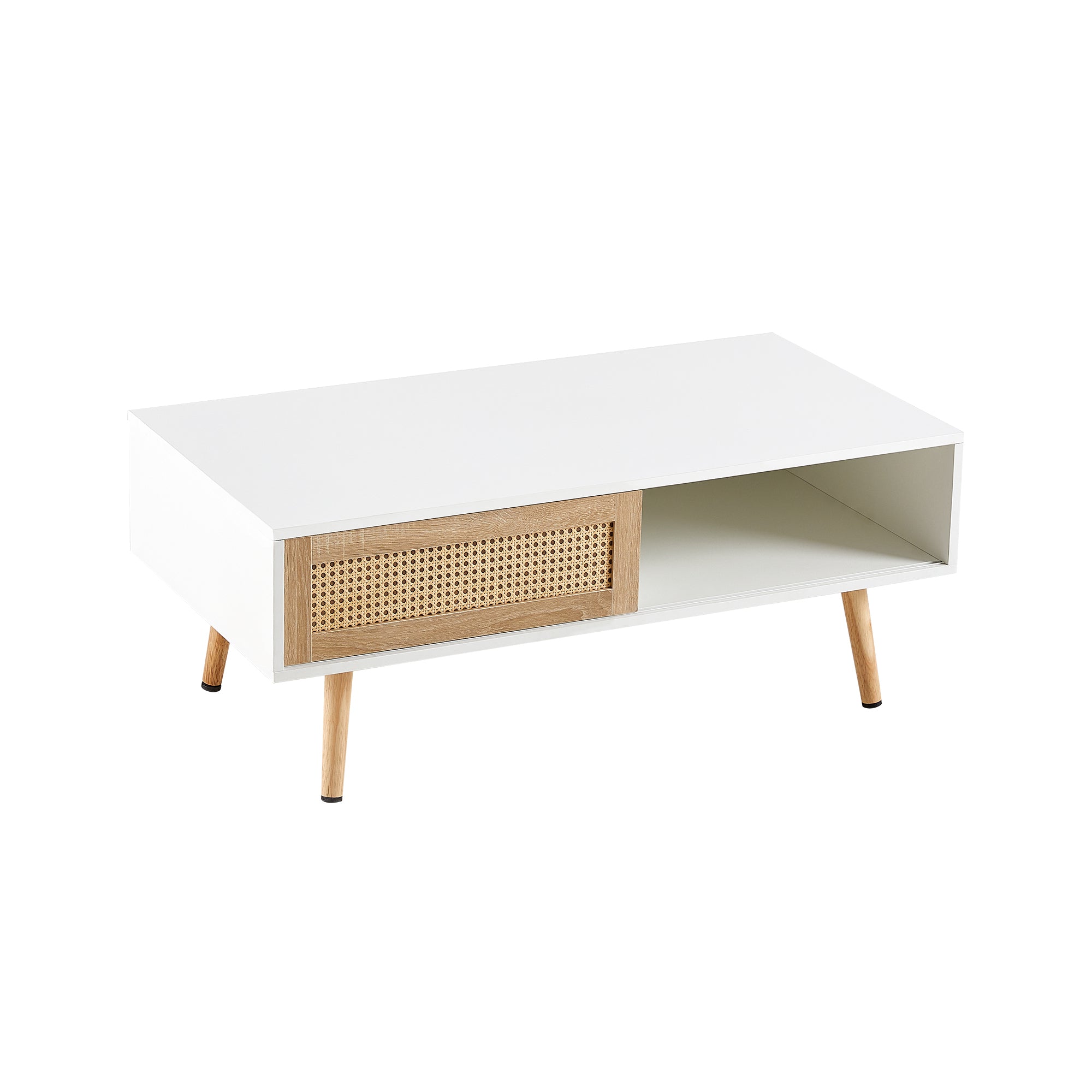 HAOYYE 41.34" Rattan Coffee Table with Sliding Door Storage, Solid Wood Legs, Modern Design for Living Room, White, Sturdy Space-Saving Heavy Duty Construction, Easy Assembly, Ideal for Adults and Dorm Rooms