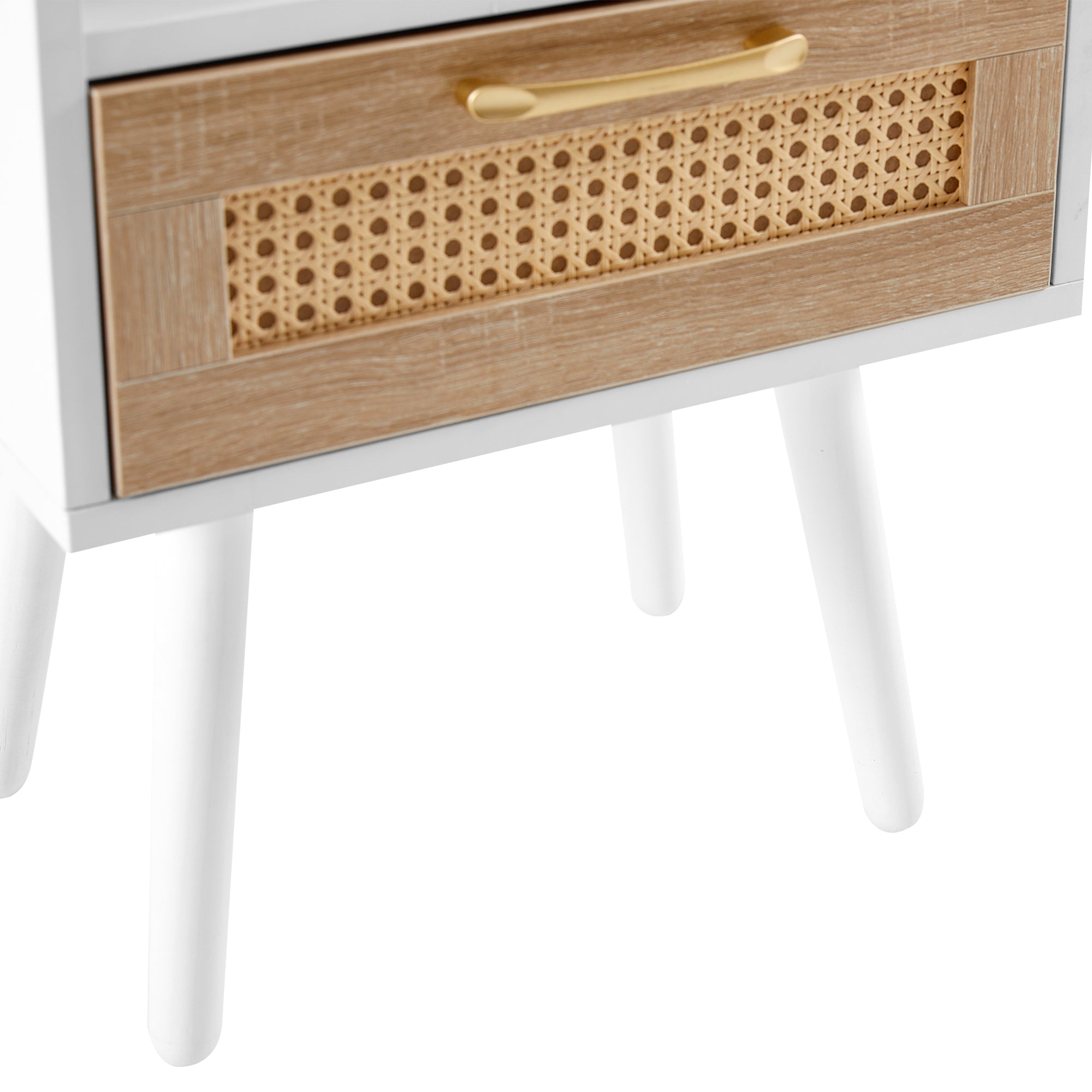 HAOYYE Rattan End Table With Drawer And Solid Wood Legs, Modern Nightstand For Bedroom And Living Room, Sturdy Space-Saving Heavy Duty Design, Easy Assembly, White