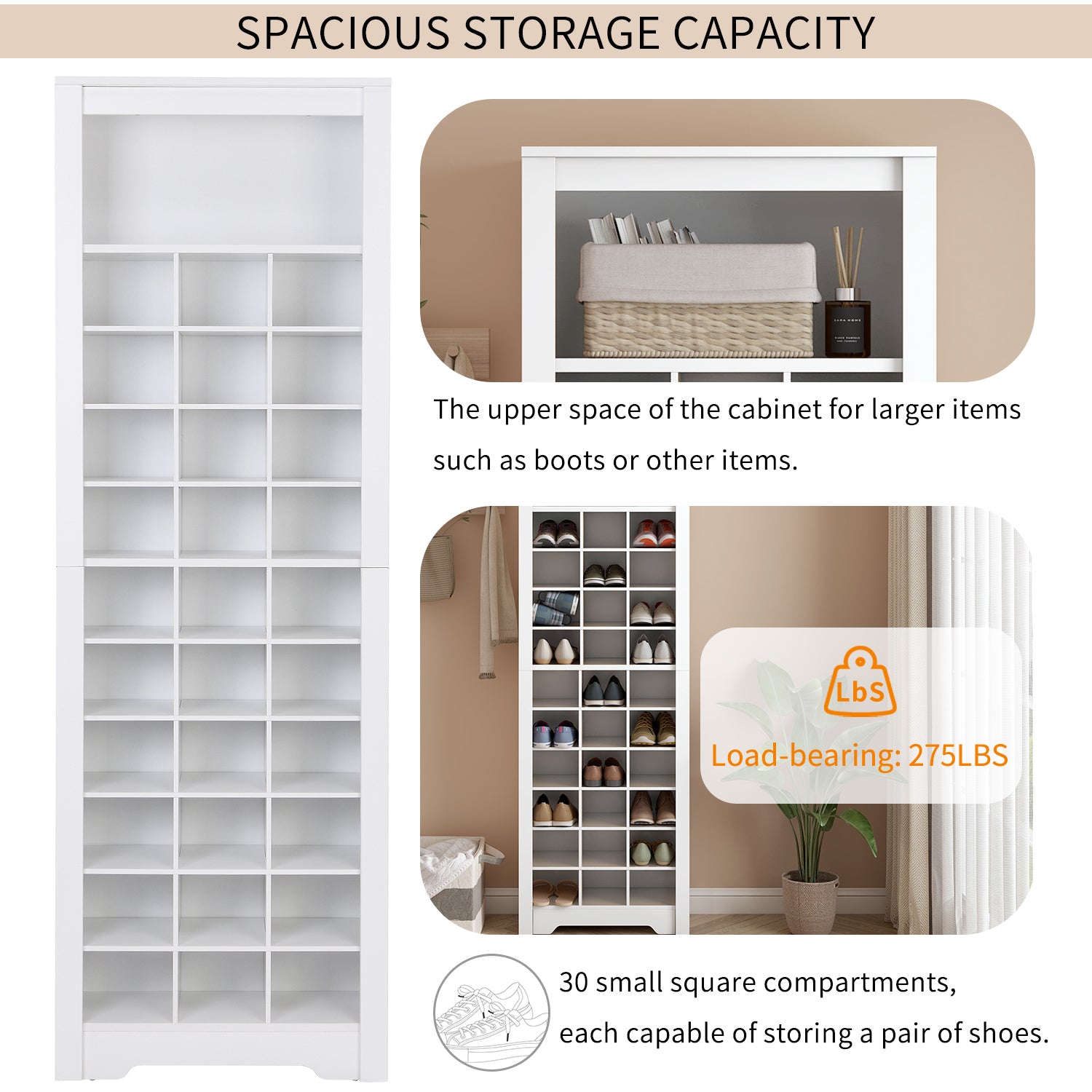 HAOYYE ON-TREND Stylish Design 30 Shoe Cubby Console, Contemporary Shoe Cabinet with Multiple Storage Capacity, Free Standing Tall Cabinet with Versatile Use for Hallway, Bedroom, White Sturdy Space-Saving