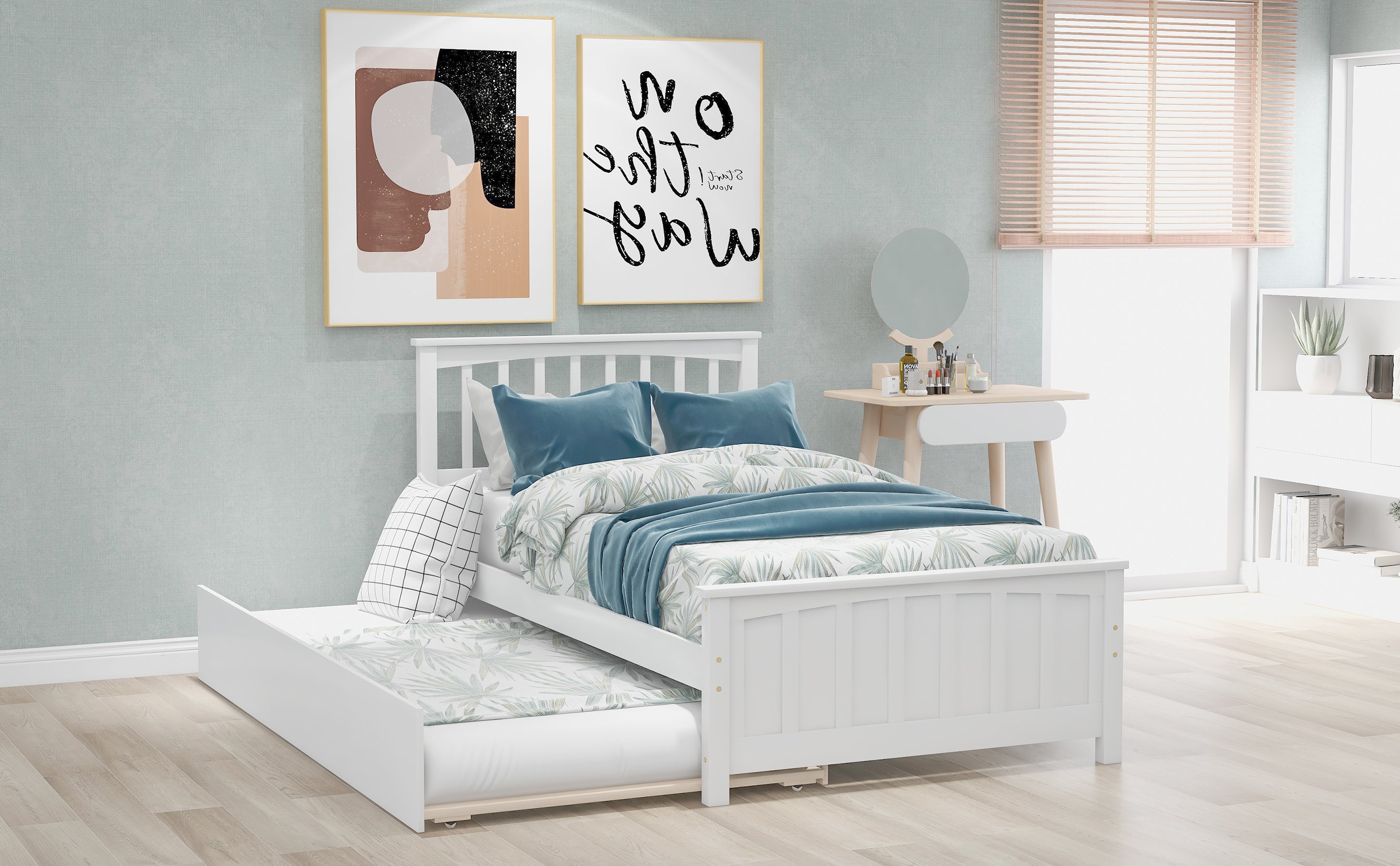 HAOYYE Twin size Platform Bed with Trundle, White Sturdy Space-Saving Heavy Duty Modern Design Easy Assembly Durable Stylish Home Furniture Versatile
