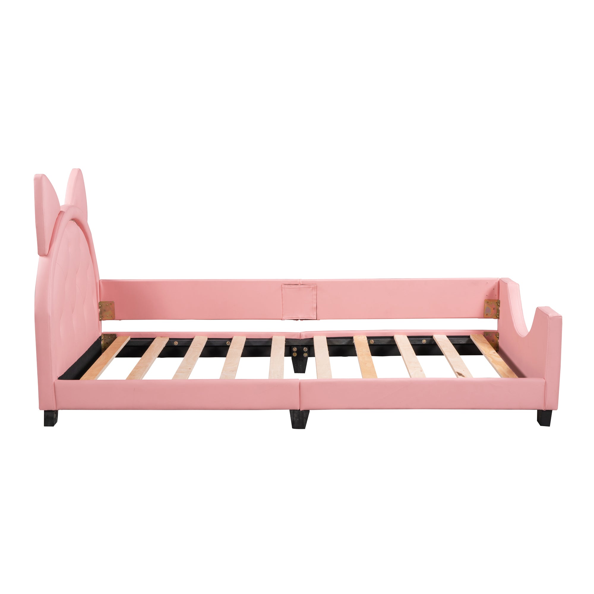 HAOYYE Twin Size Upholstered Daybed with Carton Ears Shaped Headboard, Pink Sturdy Space-Saving Heavy Duty Modern Design Adults Dorm Room Easy Assembly Bedroom Furniture